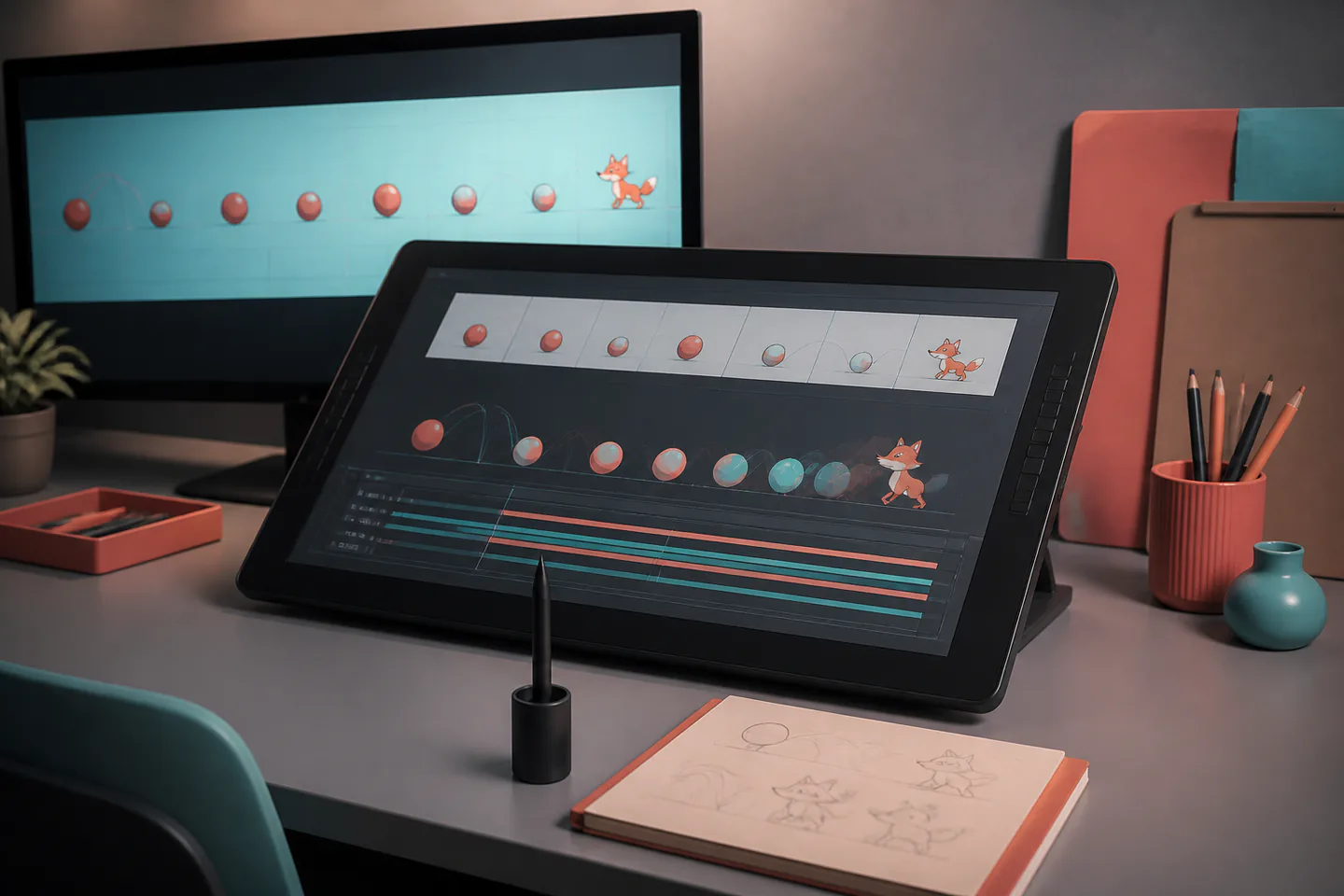 Pen tablet and monitor showing an original bouncing ball and simple animal-like shape across frame thumbnails and onion-skin overlays