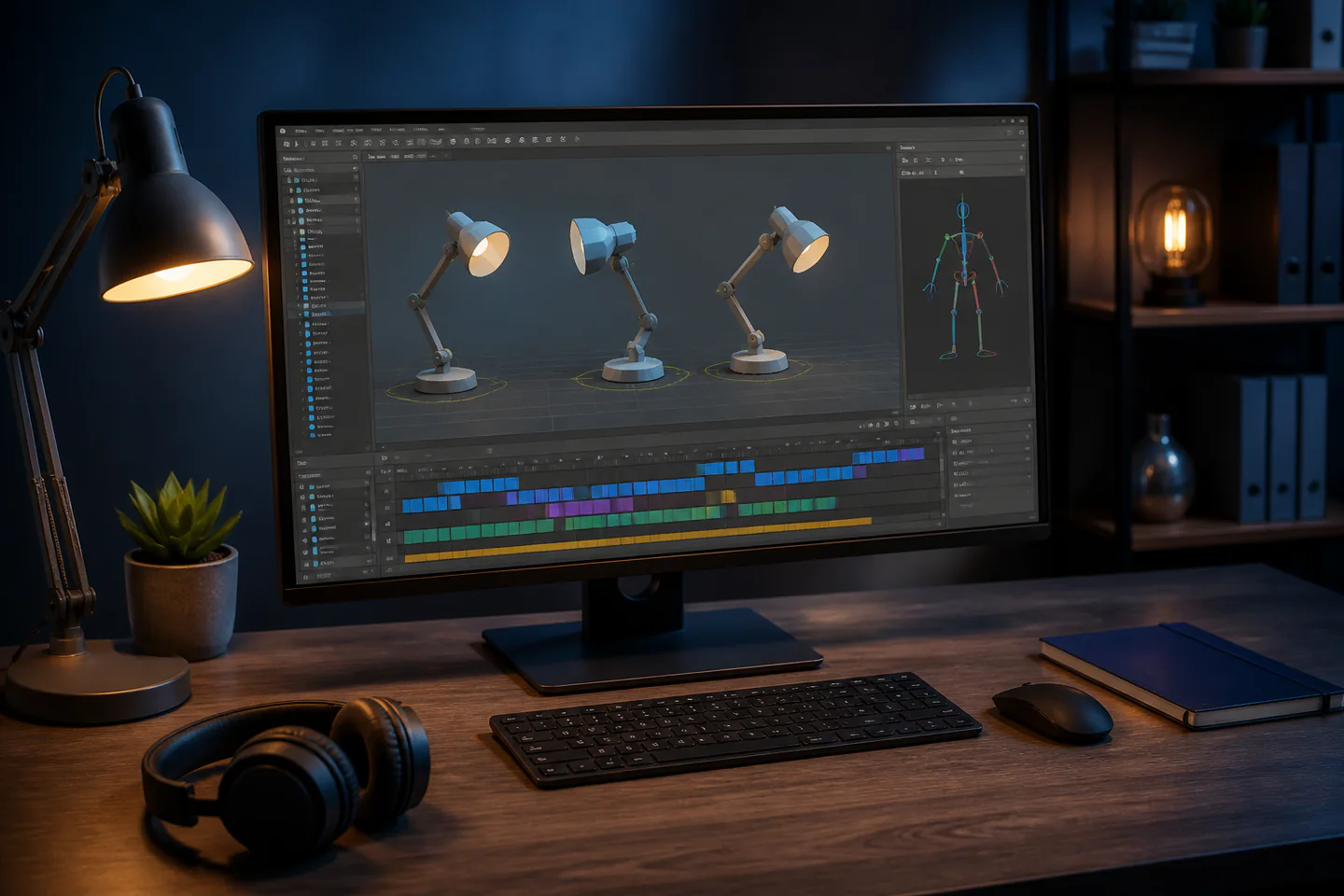 Desktop monitor showing an original low-poly lamp in sequential poses with generic rig controls and a timeline beside a keyboard and headphones