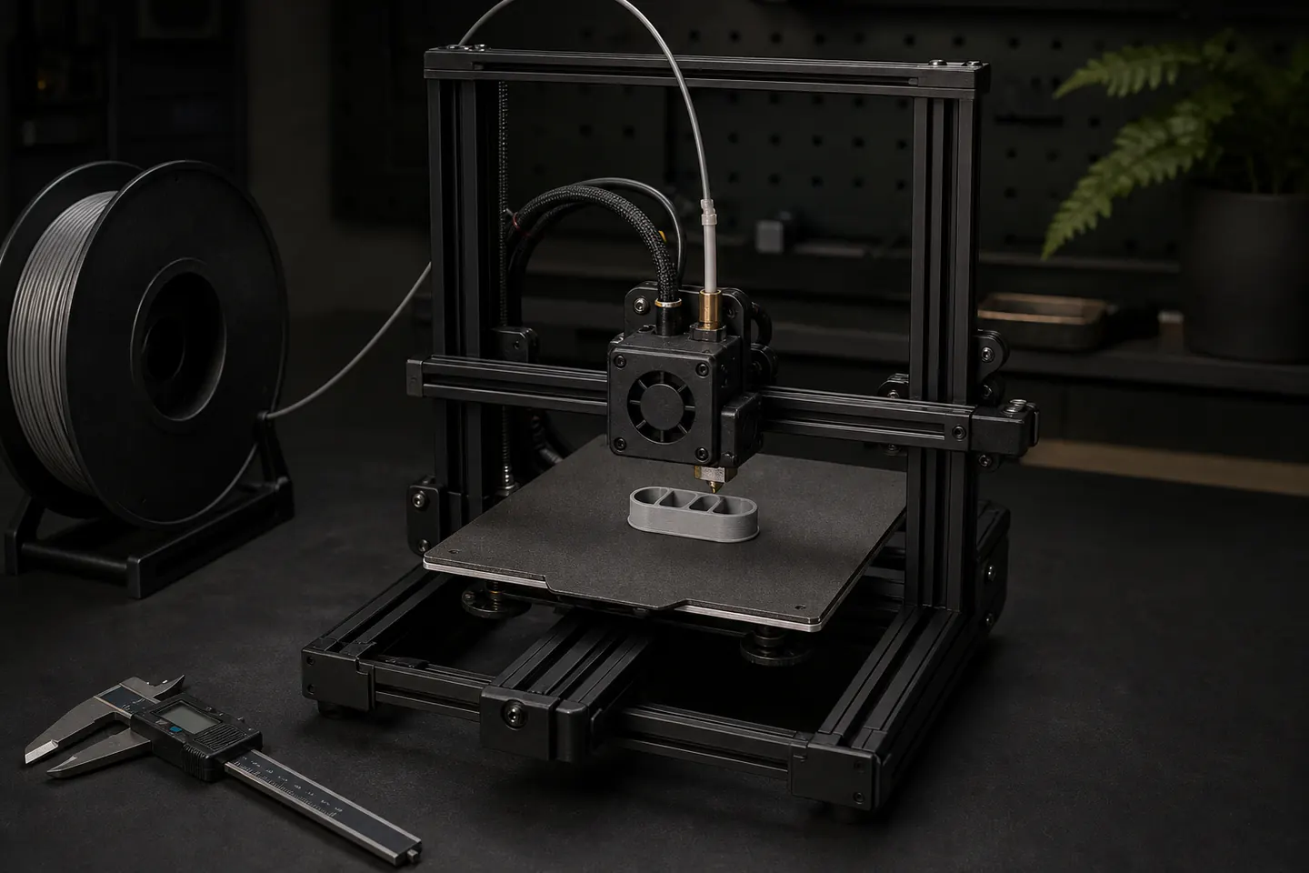 Open-frame filament 3D printer making a small grey cable organiser, with a PLA spool and digital calipers nearby