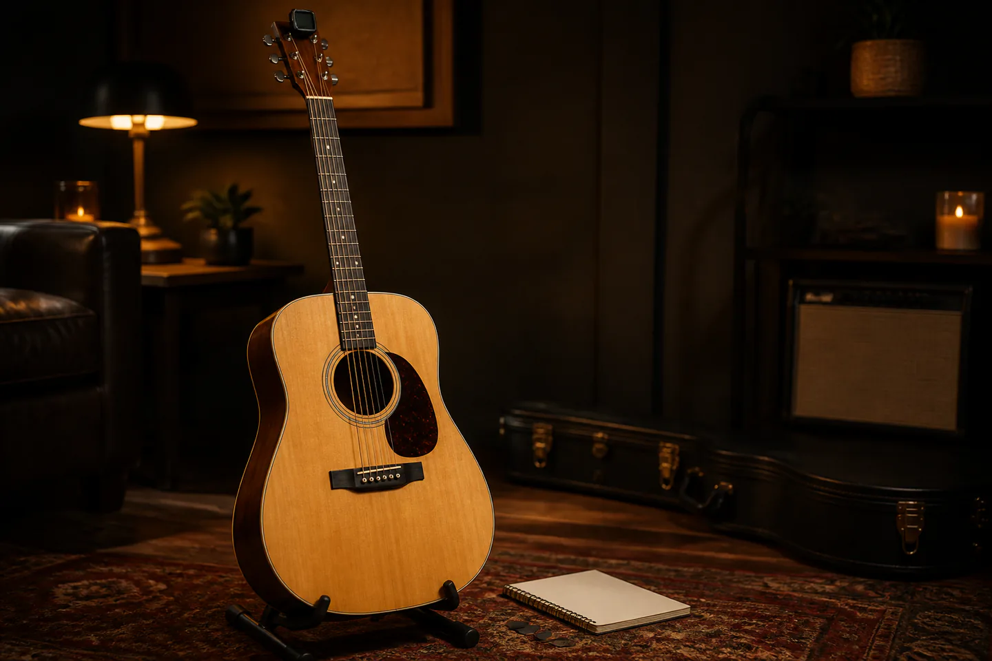 Natural-finish acoustic guitar resting safely on a stand beside clip-on tuner and open blank practice notebook in a warm dark room with no people, text or logos