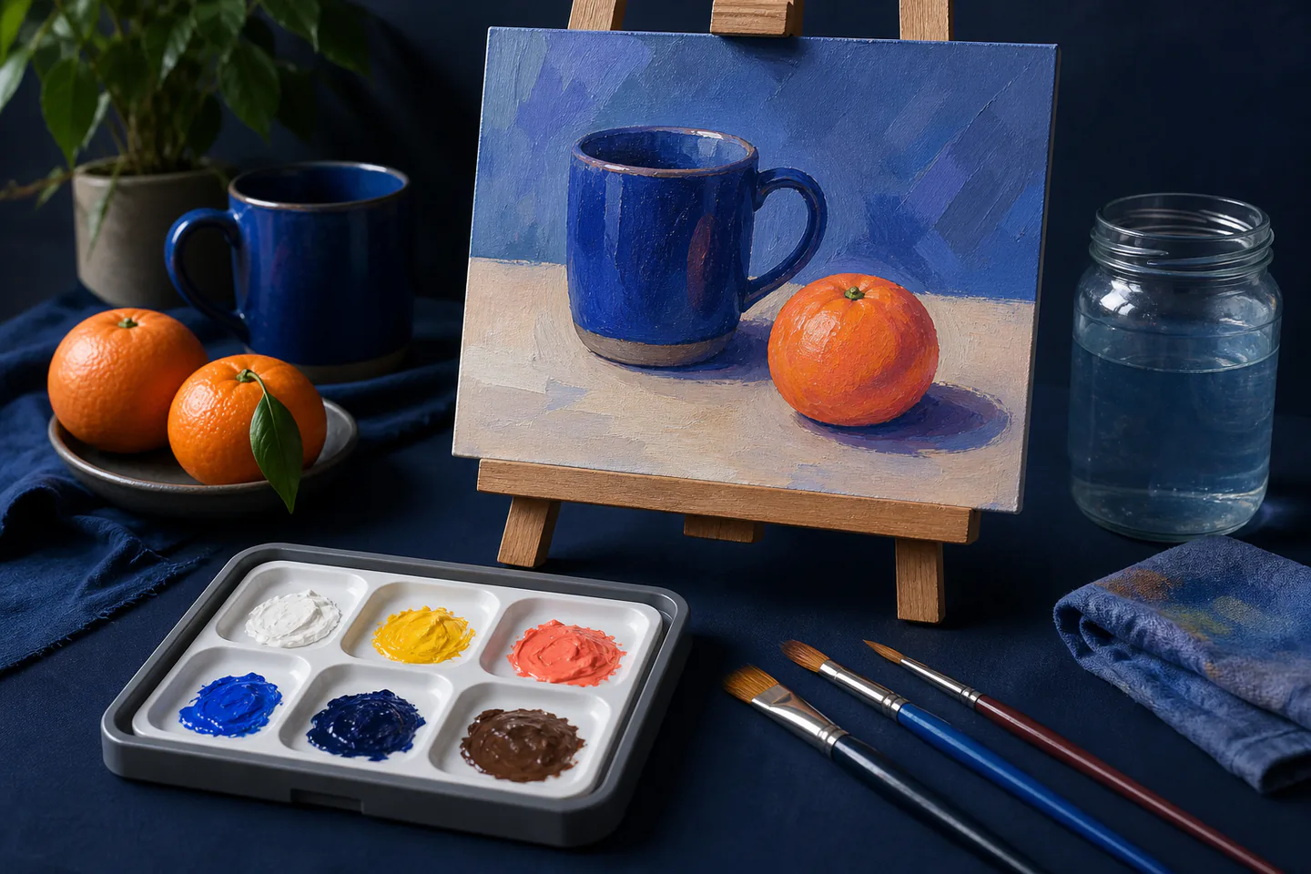 Small acrylic still life of an orange and blue mug beside a limited paint palette, synthetic brushes and textured paper with no hands or text