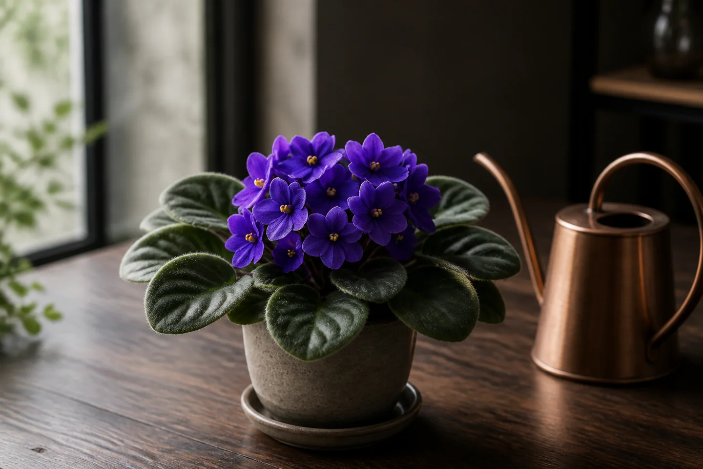 A healthy purple African violet in a small draining pot beside a fine-spout watering can and simple light meter card on a dark table, no people, text or logos