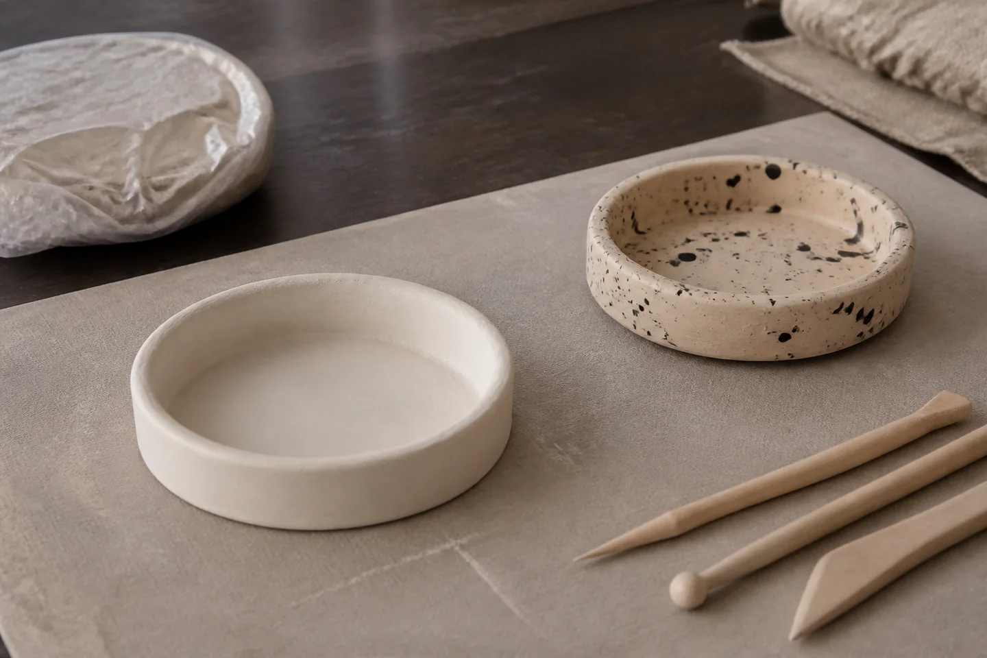 A small smooth air-dry clay pinch dish beside modelling tools and a fully dry painted sample on a dark protected table