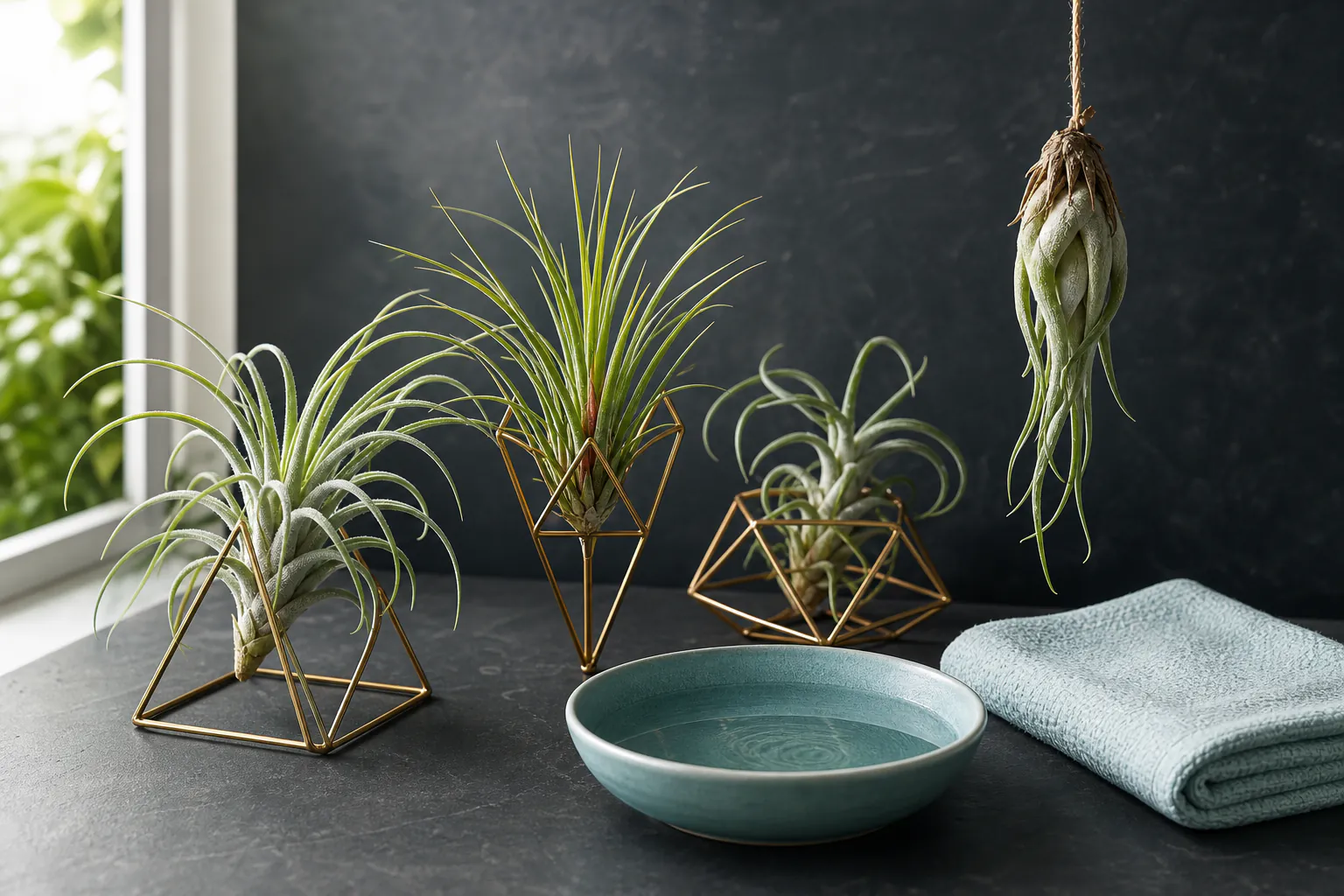 Several healthy Tillandsia air plants drying upside down beside a shallow bowl and open geometric holder in bright indirect light with no text