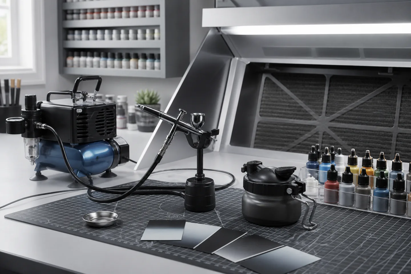Dual-action airbrush beside compact compressor, paint test cards, cleaning pot and water-based model paints in a ventilated bench setup