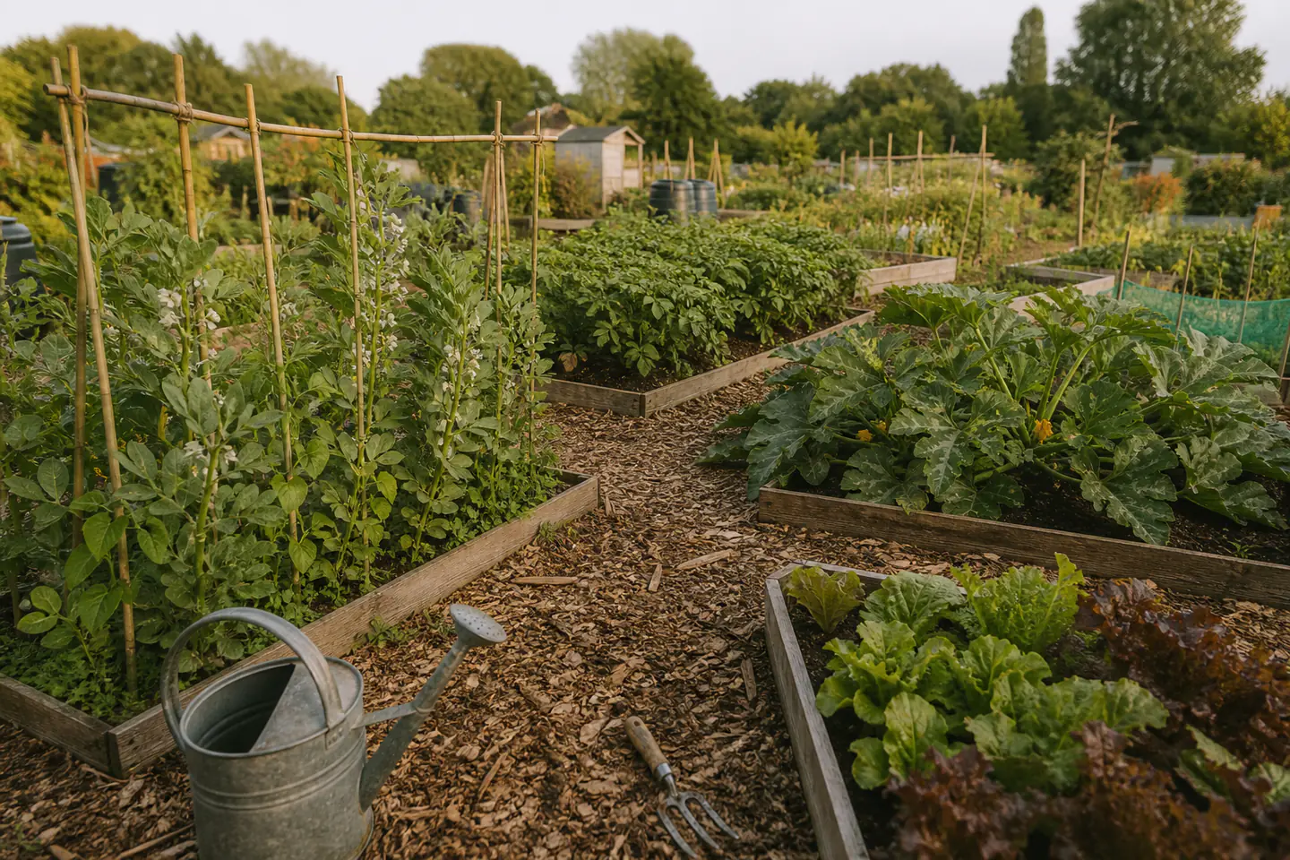 Small tidy UK allotment bed with young beans, salad and courgettes beside path, watering can, secateurs and month-by-month book under natural daylight with no people or text
