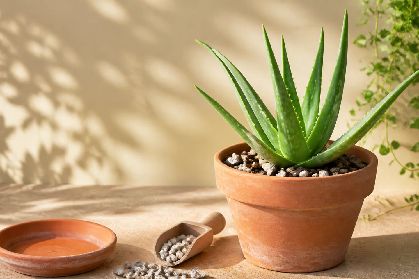 Aloe vera in a small terracotta pot with dry gritty compost beside an empty saucer in bright light