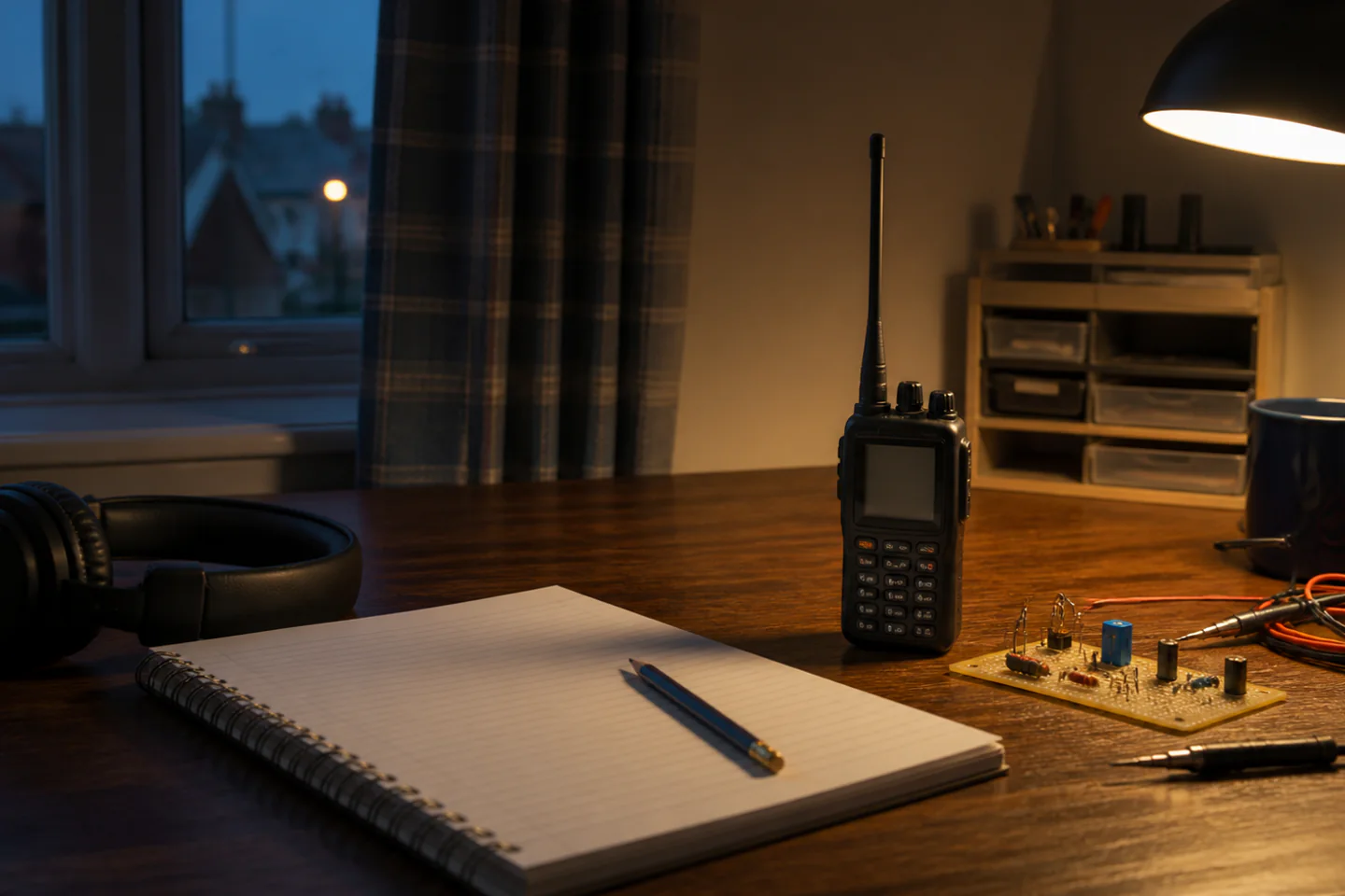 Switched-off amateur-radio handheld beside a blank study book, pencil and practice circuit notes