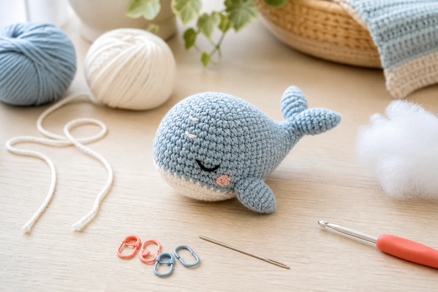 Small crocheted whale toy beside pale yarn, crochet hook, locking stitch markers, tapestry needle and stuffing