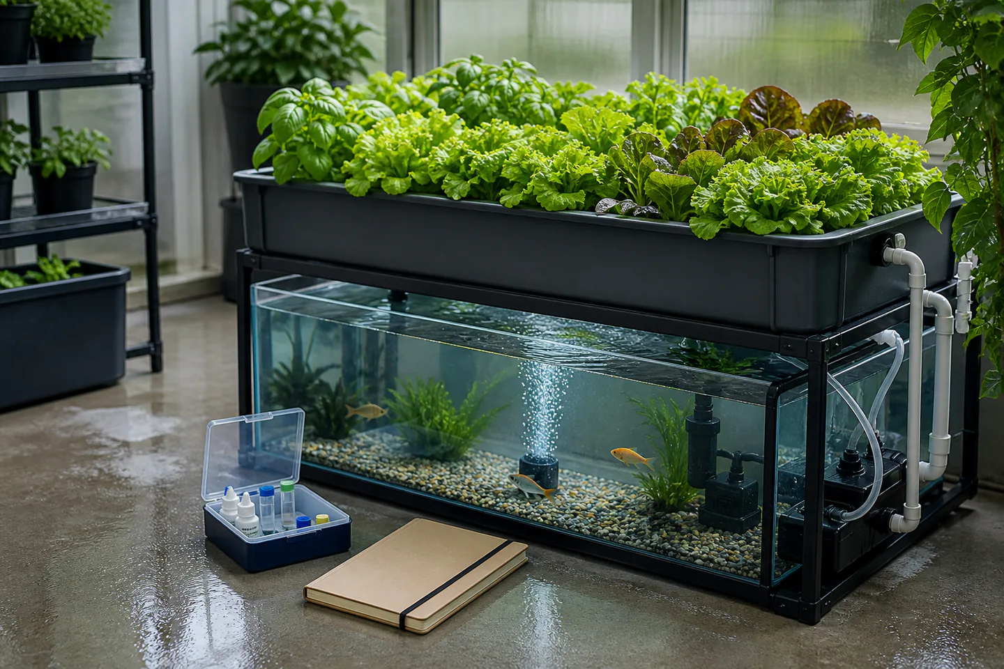 Small indoor aquaponics grow bed above a clear fish tank with water-test kit, pump tubing and young leafy plants