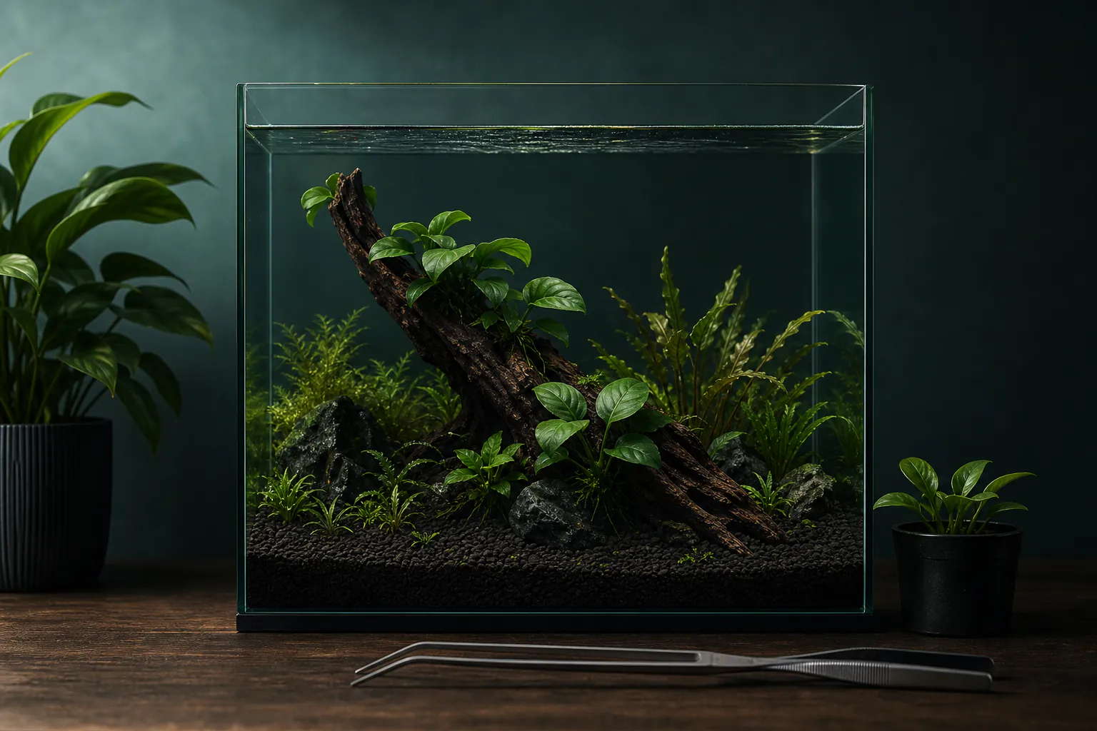 Low-tech freshwater aquarium with Anubias attached to wood, rooted Cryptocoryne and simple aquascaping tweezers