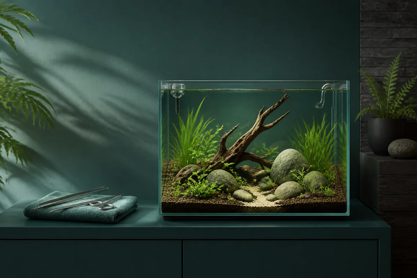 Small freshwater planted aquarium with sloping dark soil, natural stones, driftwood and healthy green aquatic plants beside long tweezers and water test kit with no fish, people or text