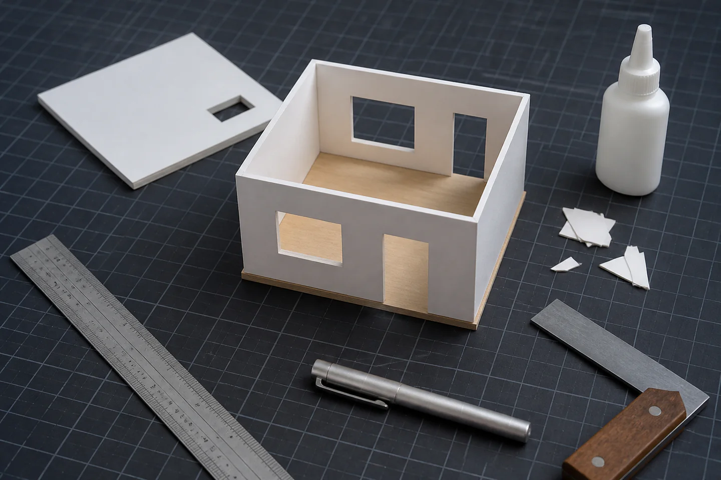 White card room model on a cutting mat beside a metal scale ruler, square and capped craft knife