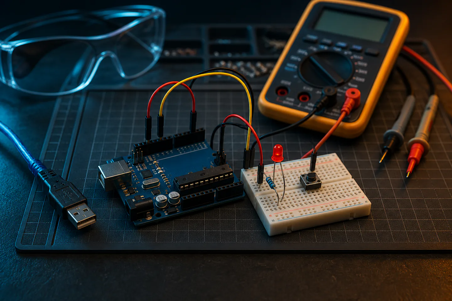 Microcontroller board connected correctly to a breadboard LED, resistor, button and jumper wires on a tidy electronics mat with no hands or readable text