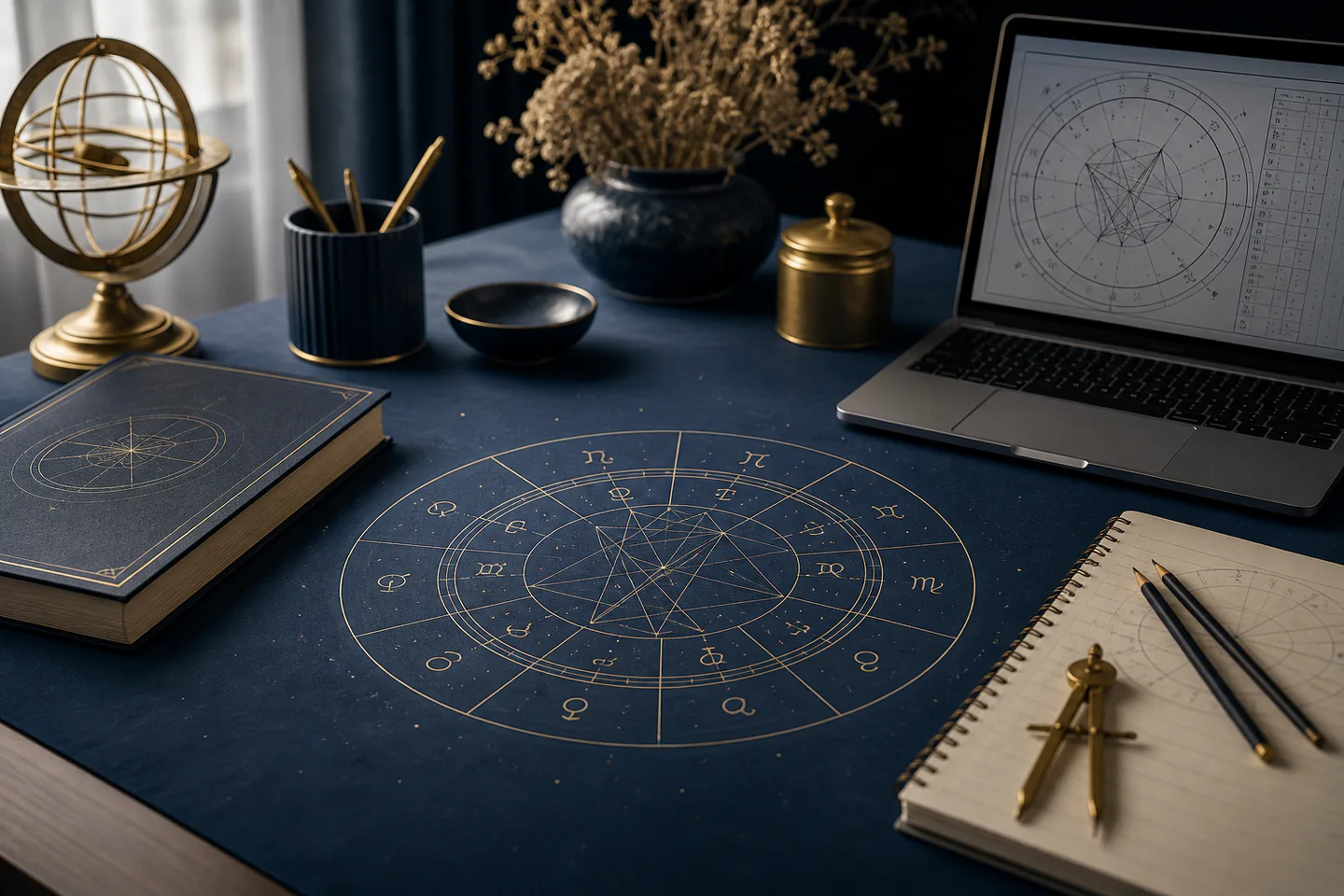 Study desk with an unlabelled circular birth-chart diagram, closed ephemeris, notebook, pencils, brass divider and generic chart wheel on a laptop