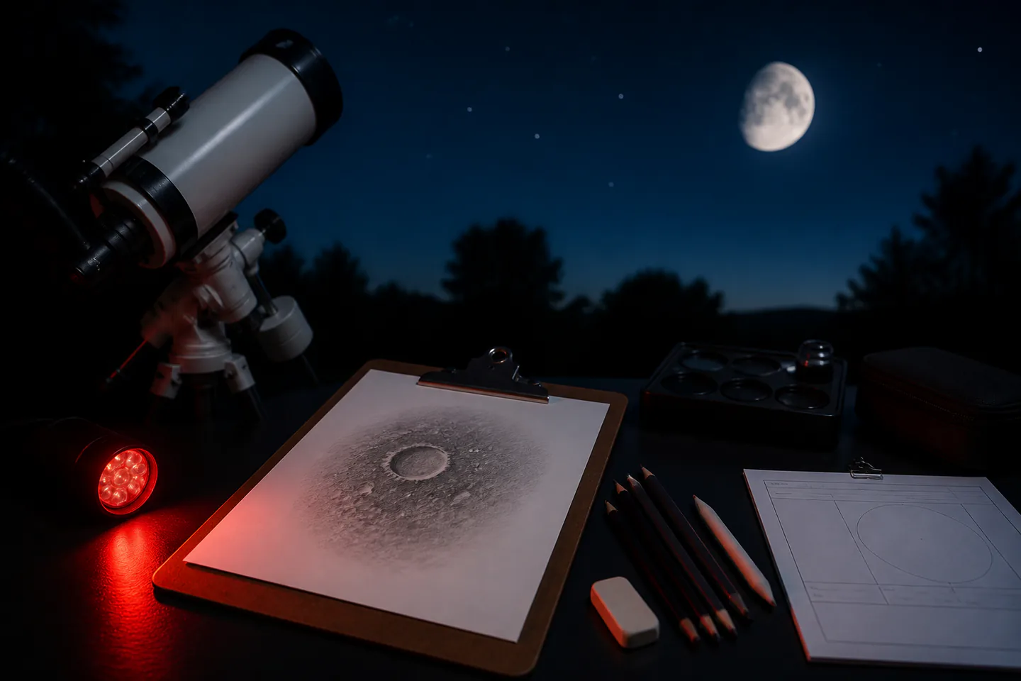 Small telescope beside a red torch, clipboard with an unlabelled lunar-crater sketch, soft pencils, blending stump, eraser and blank observing form