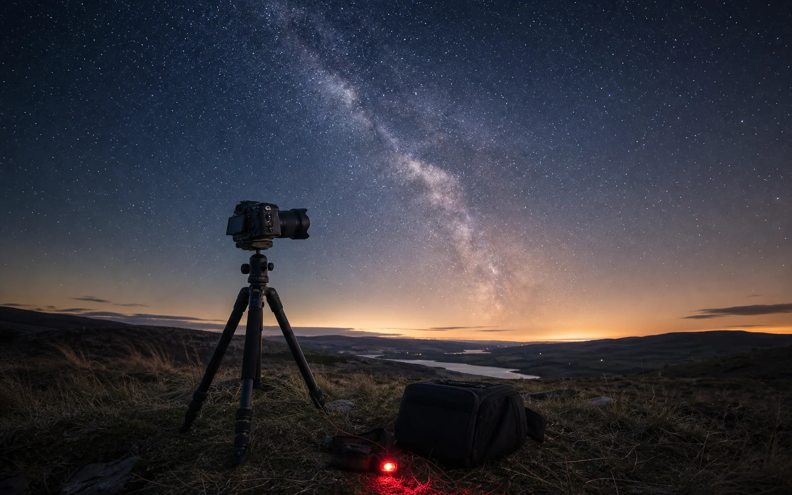 A camera on a tripod beneath the Milky Way on a dark UK hillside