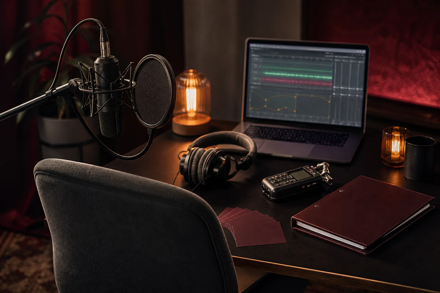 Empty home voice-recording setup with microphone, pop filter, headphones, recorder, closed script binder and dialogue tracks on a laptop