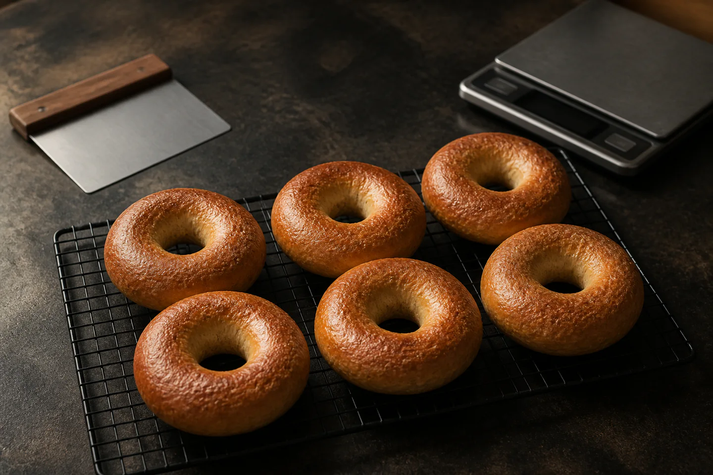 Six golden homemade bagels on a cooling rack beside a dough scraper and small kitchen scale, no people, text or logos