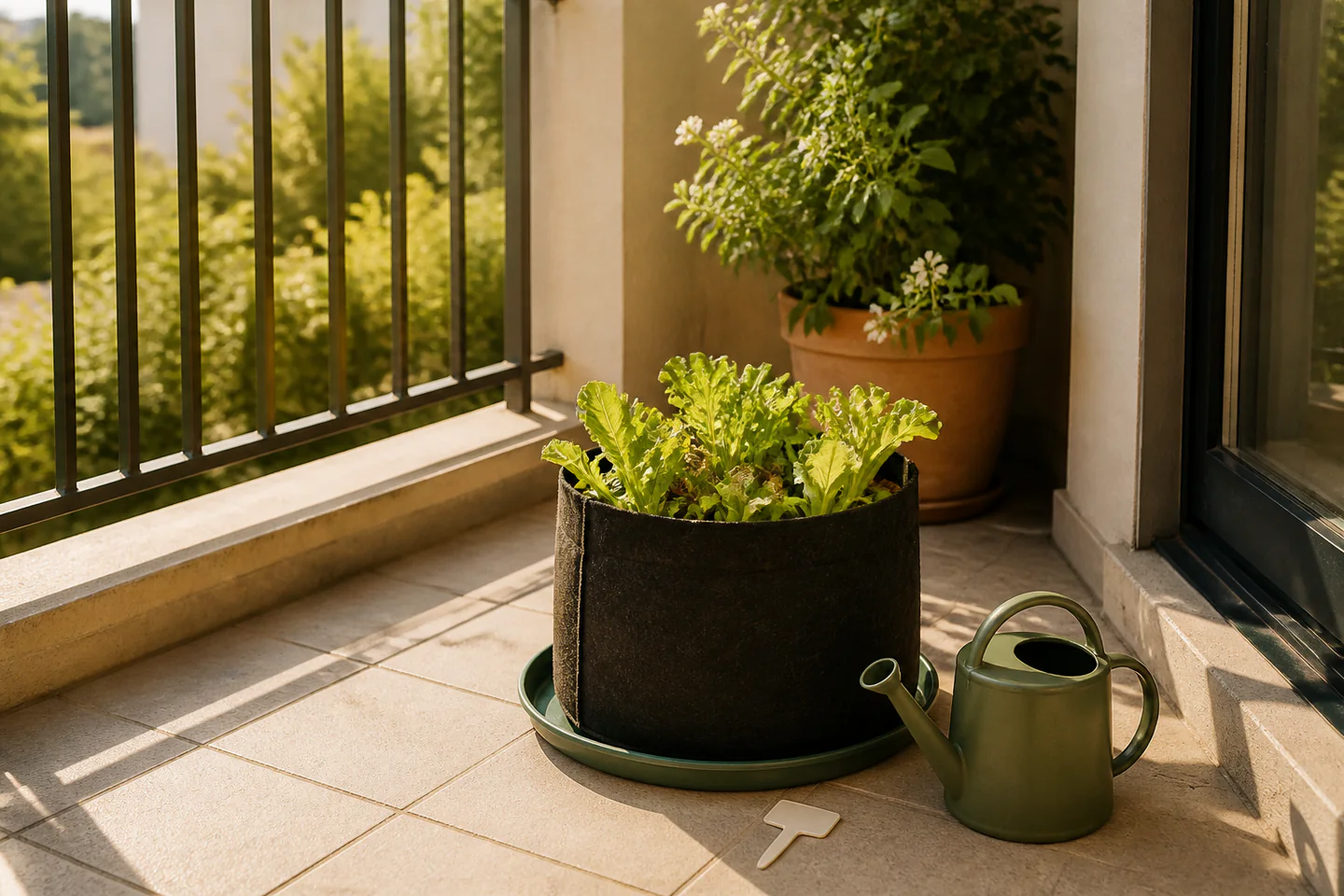 A safe floor-standing fabric planter with herbs on a sunny balcony beside a small watering can, with clear drainage protection