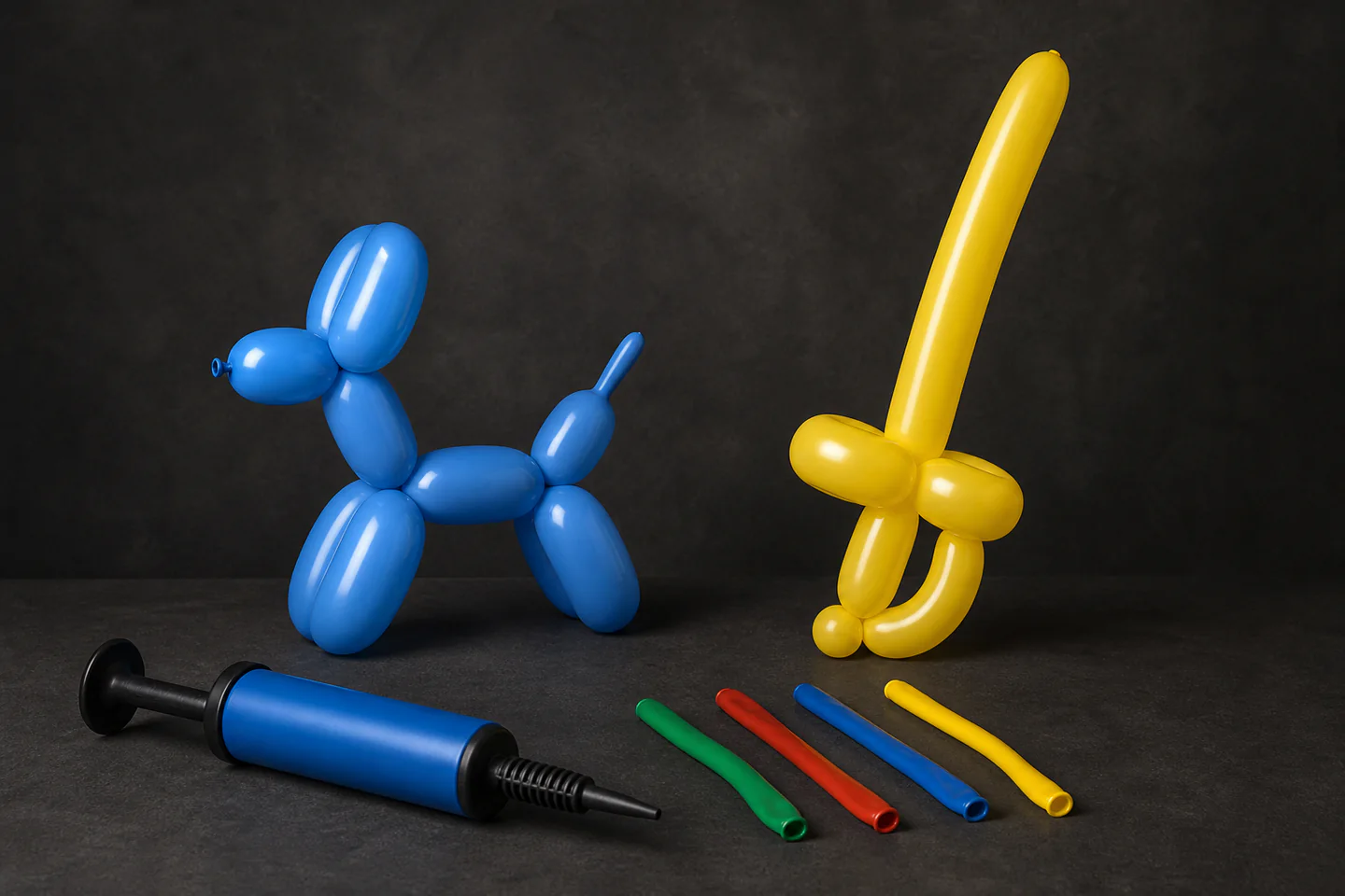 A simple blue balloon dog and yellow balloon sword beside a manual hand pump and several uninflated 260 modelling balloons on a clean table, no people, logos or text