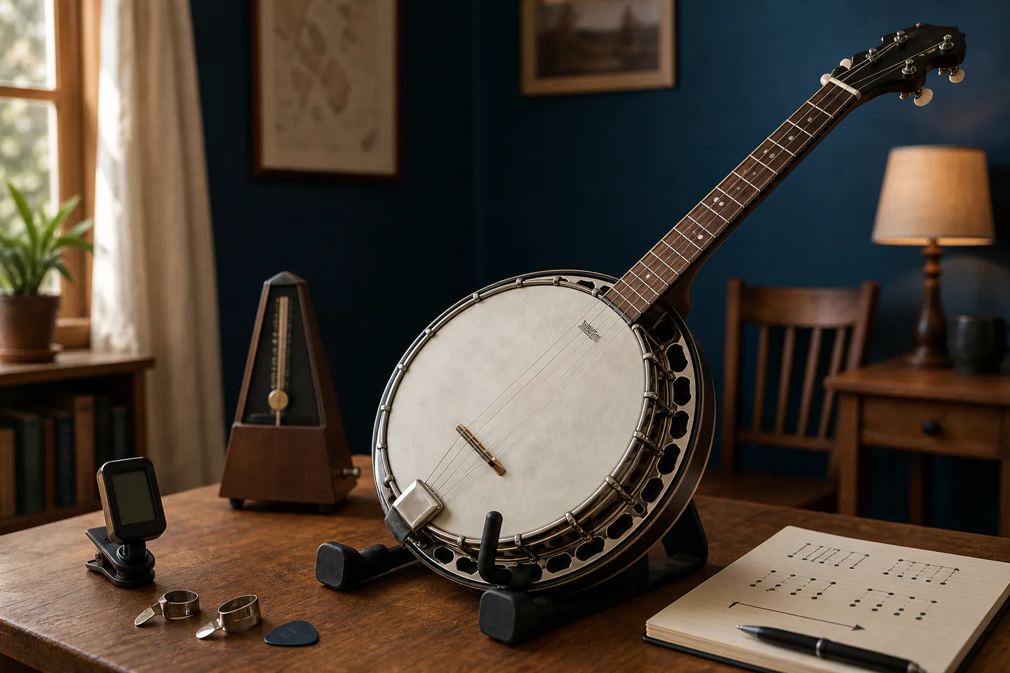 Unbranded five-string banjo on stand beside strap, clip tuner, thumb pick, finger picks and simple G and D7 chord sheet