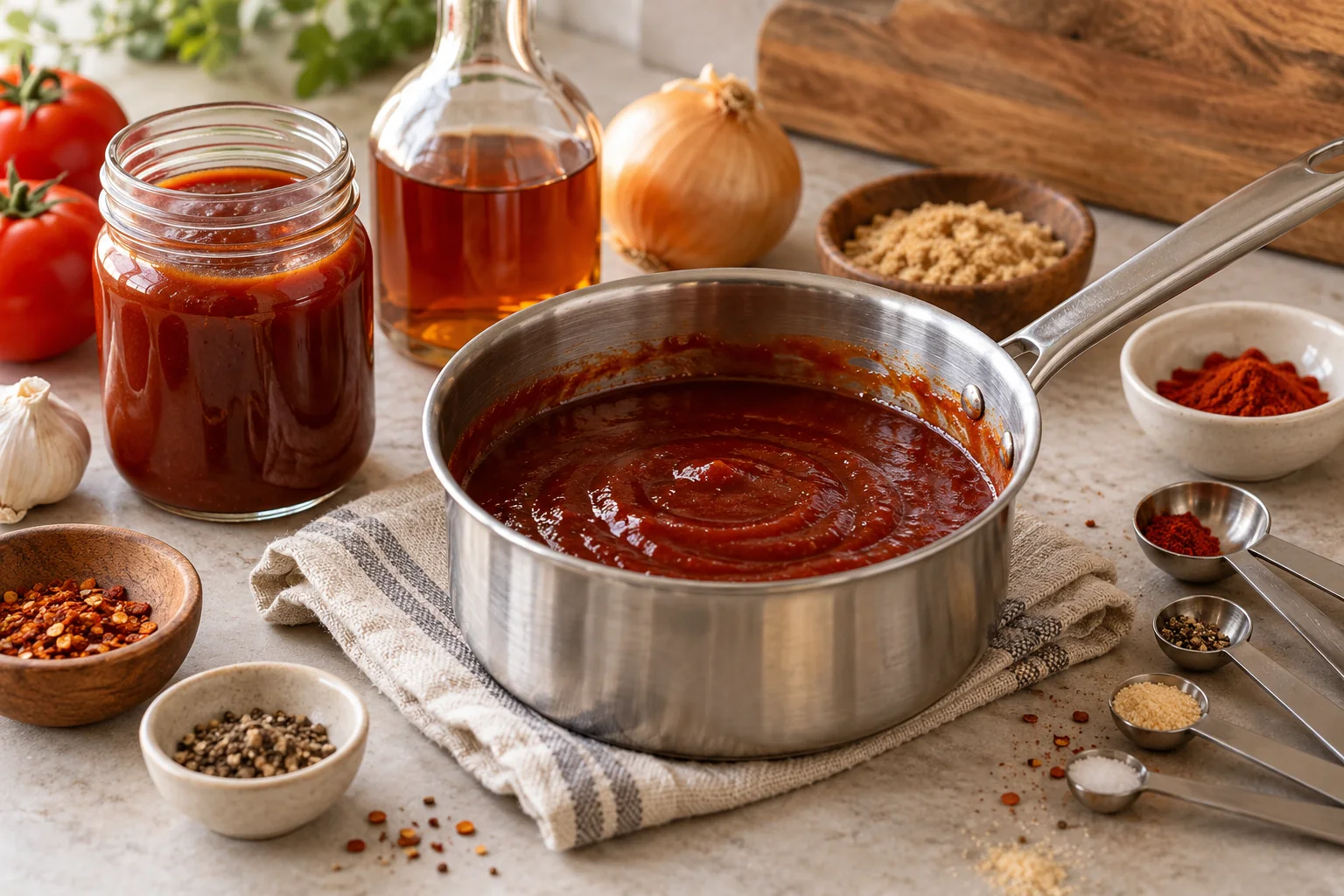Small pan of tomato-vinegar barbecue sauce with clean jars, spices and measuring spoons on a kitchen counter