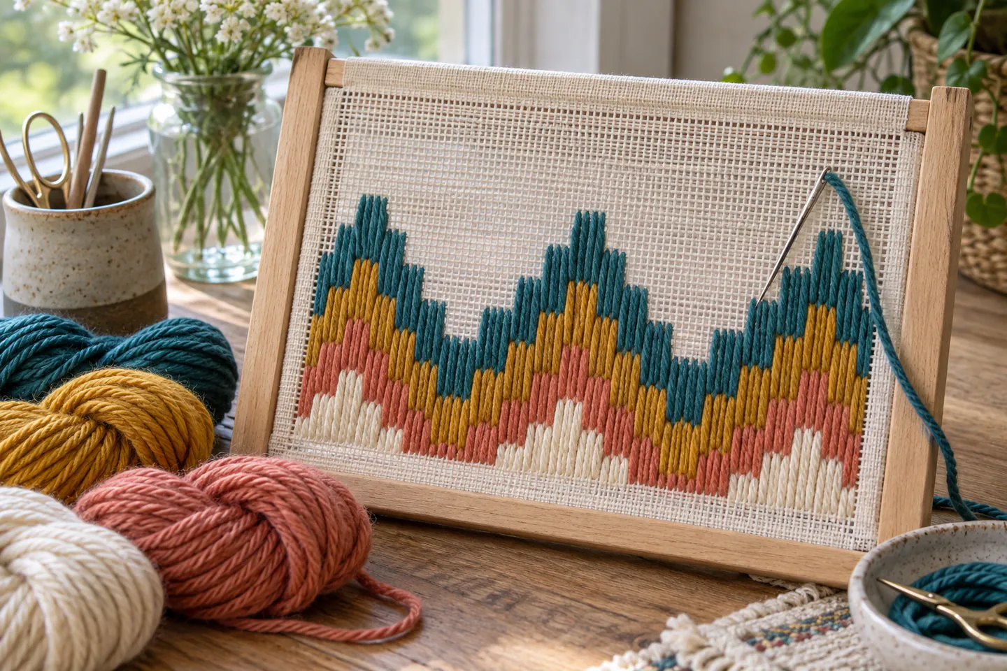 A carefully arranged beginner bargello needlepoint workspace showing the core materials, tools and one small finished example