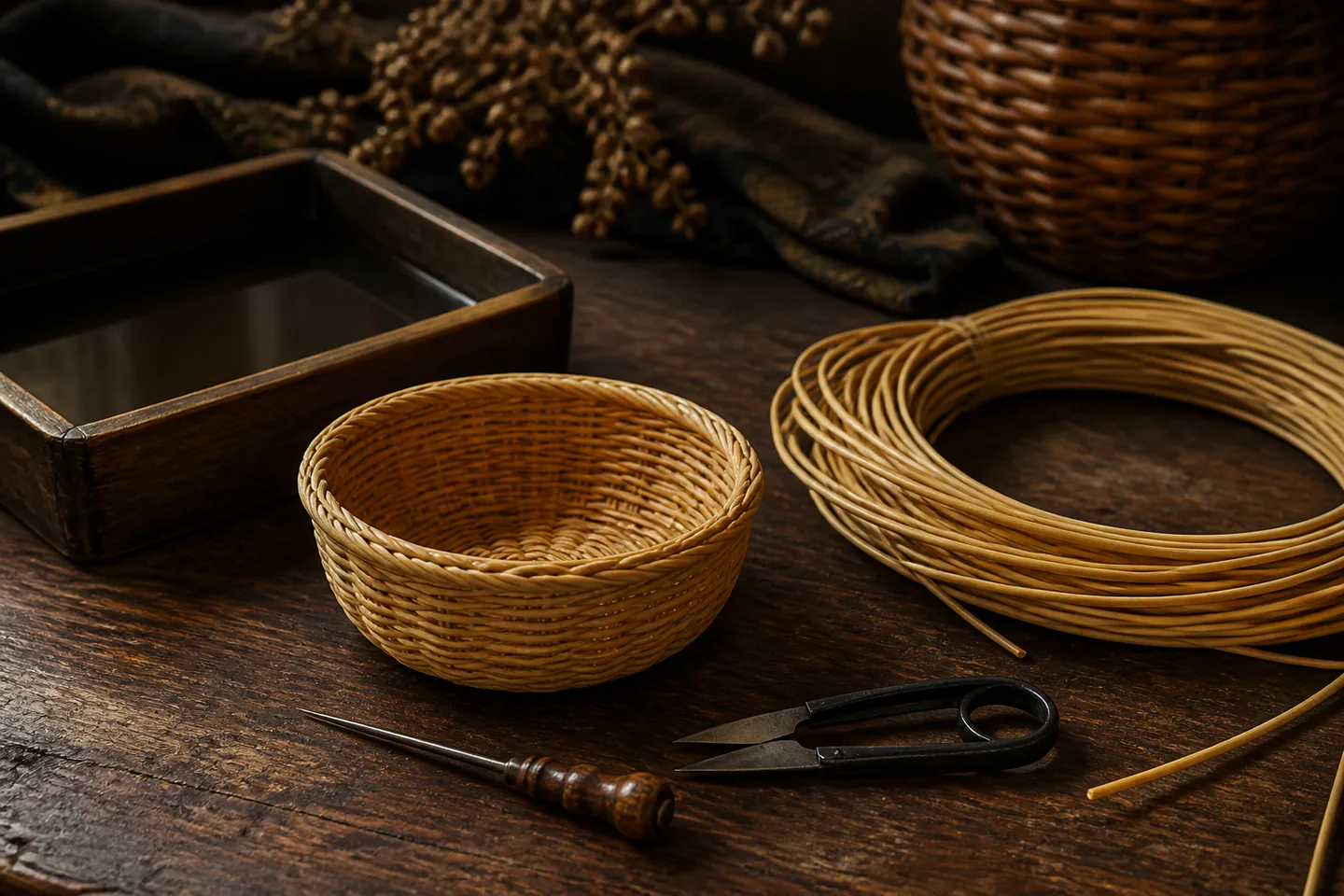 Small handwoven natural willow basket beside soaking bowl, bodkin and neatly coiled weaving material on a dark rustic table with no people, logos or text