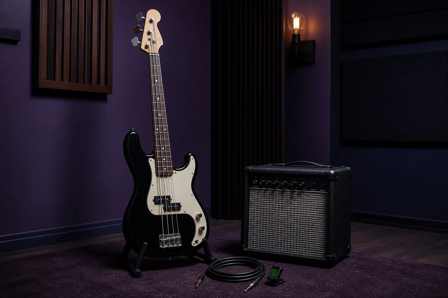 Four-string electric bass on a secure stand beside compact practice amplifier, cable and clip tuner in a dark violet music room with no people, logos or text