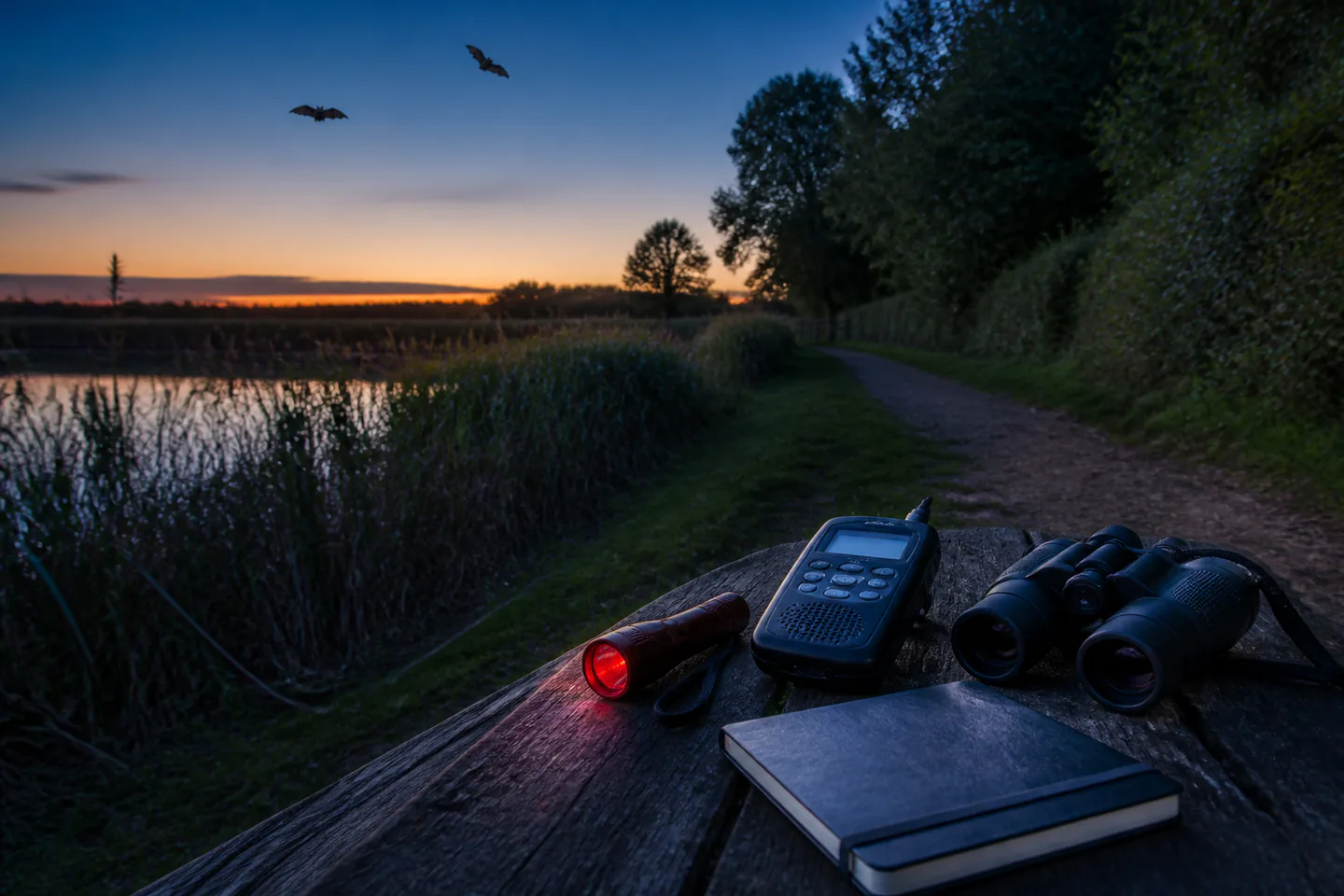 Unoccupied dusk path beside a pond with a bat detector, red torch, field notebook and binoculars and two distant bats in natural flight