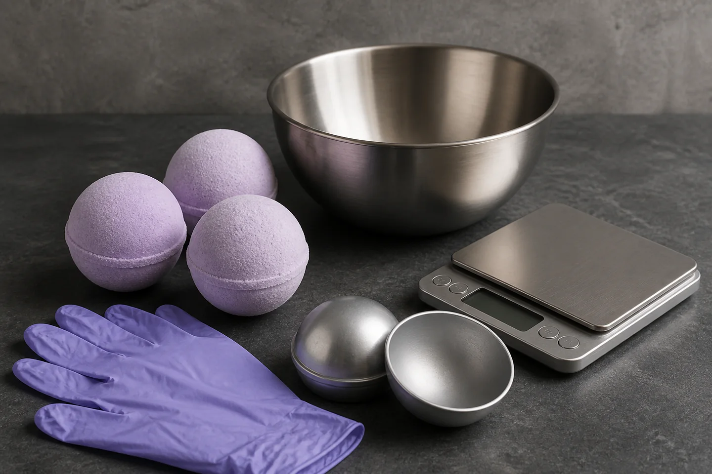 Three simple pale lavender bath bombs beside a small digital scale, mixing bowl and round moulds on a clean dry work surface, no people, labels or text