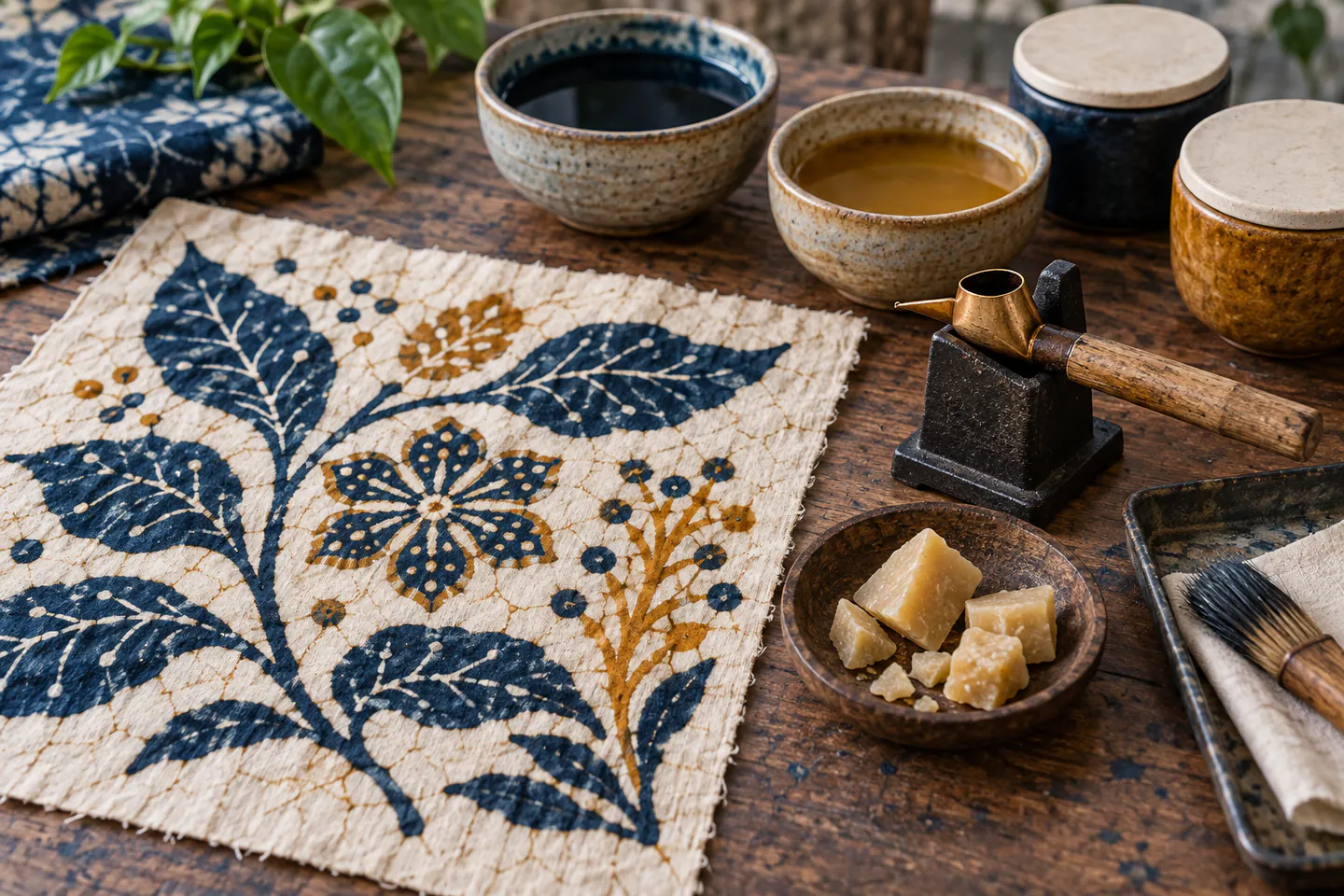 A cotton square with indigo and ochre wax-resist motifs beside an unlit tjanting, wax pieces, blank dye bowls, brush and protective tray