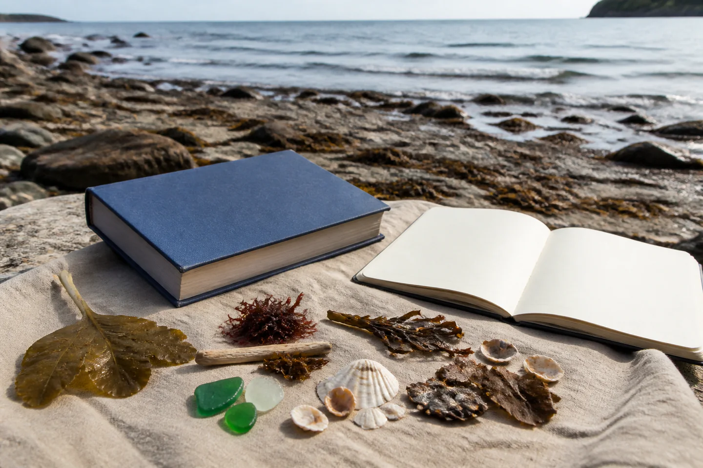 Sorted shells, driftwood and seaweed fragments on a cloth beside a seashore field guide and notebook
