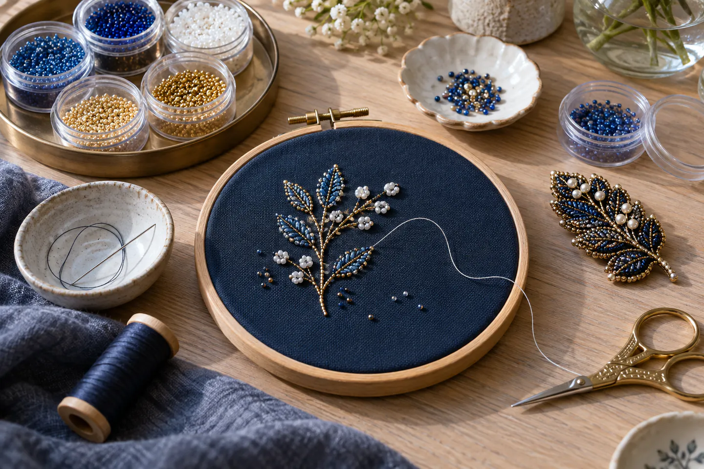 A carefully arranged beginner bead embroidery workspace showing the core materials, tools and one small finished example