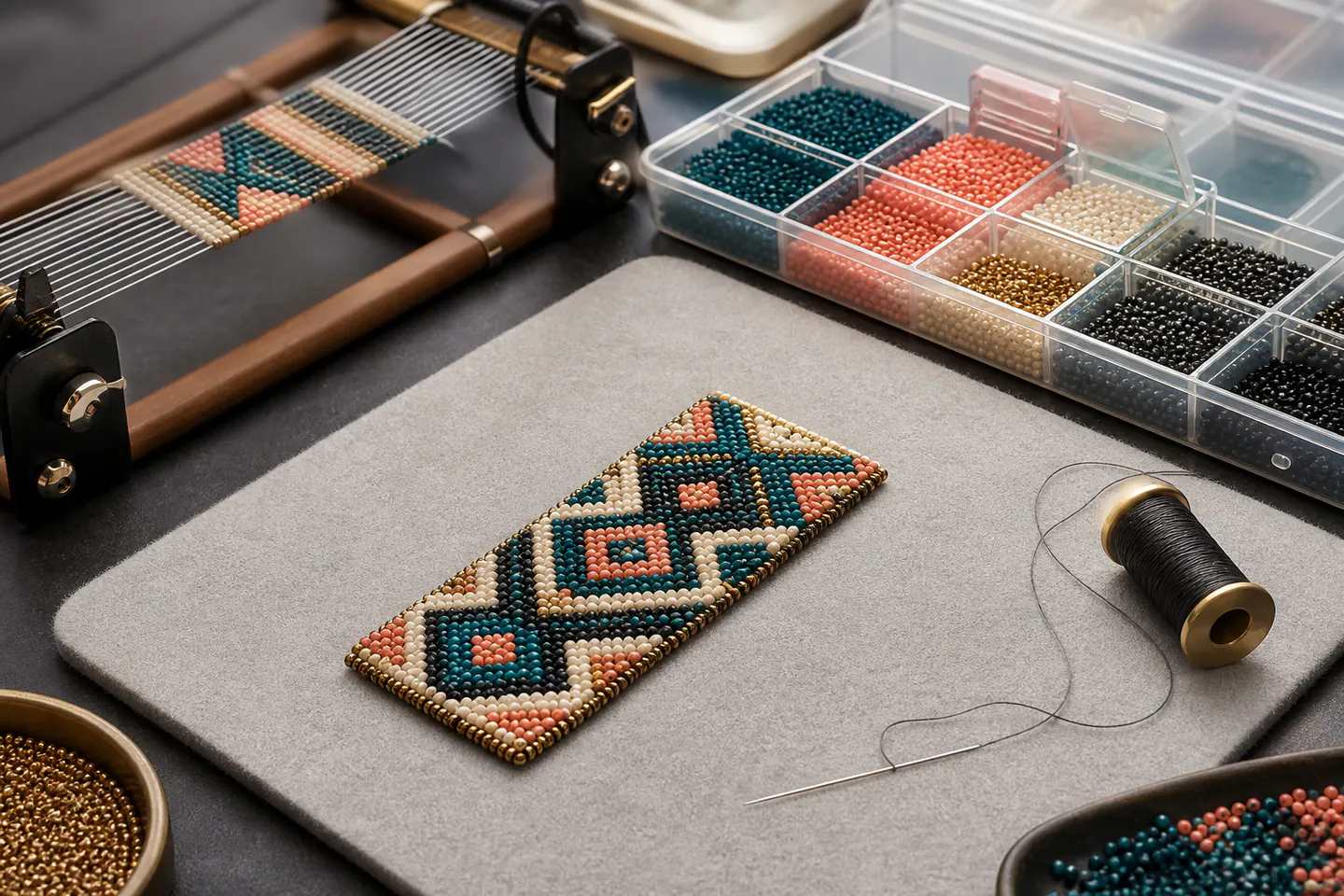 Small geometric seed-bead strip on a bead mat beside needle, thread, sorted beads and a compact bead loom