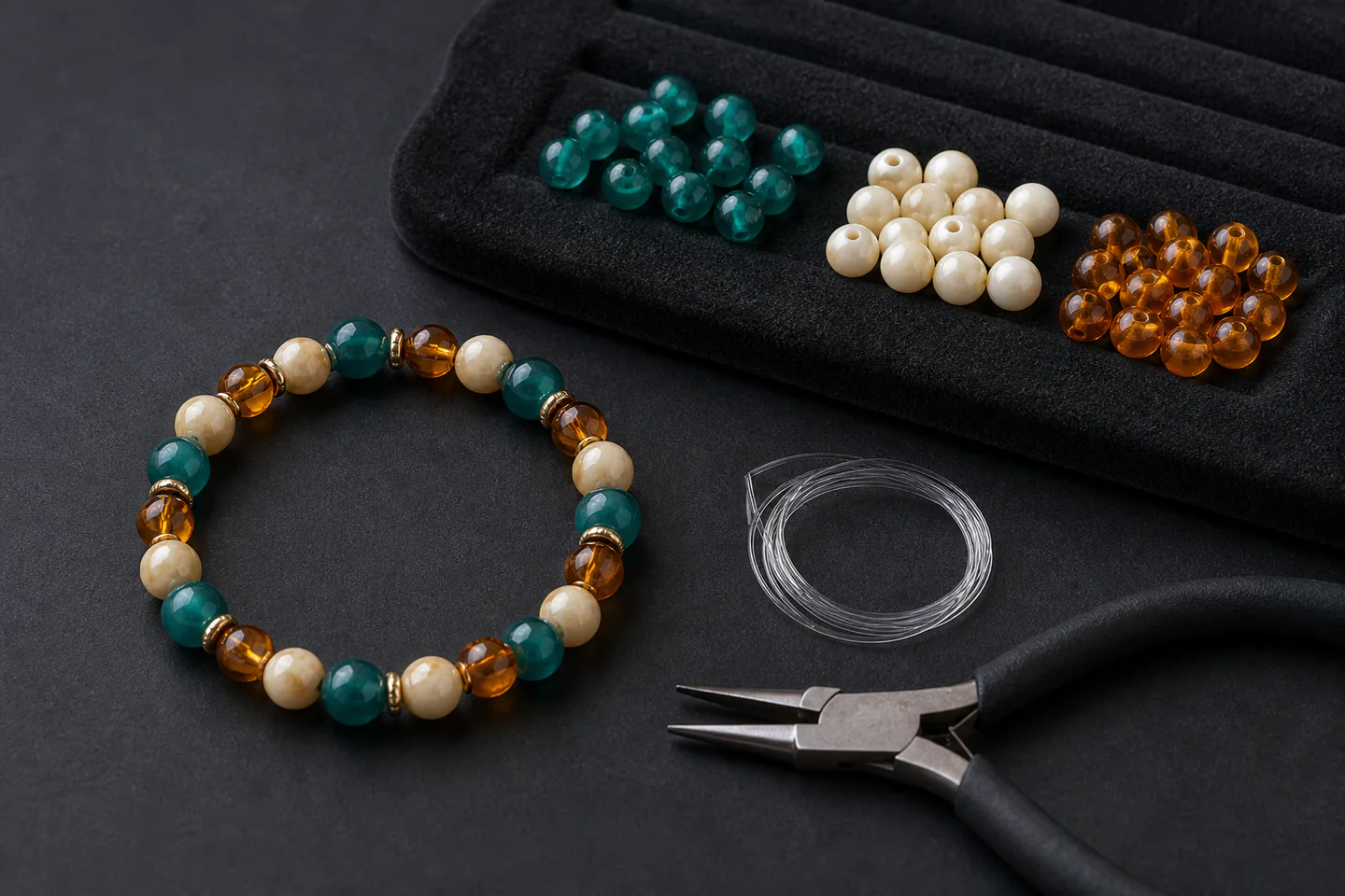 A neat handmade beaded bracelet in teal, cream and amber beside sorted glass beads, elastic cord and jewellery pliers on a dark work surface, no hands, text or logos