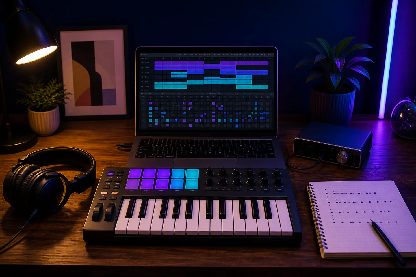 Compact MIDI pad keyboard beside closed headphones and laptop showing an unbranded sixteen-bar drum, bass and melody arrangement
