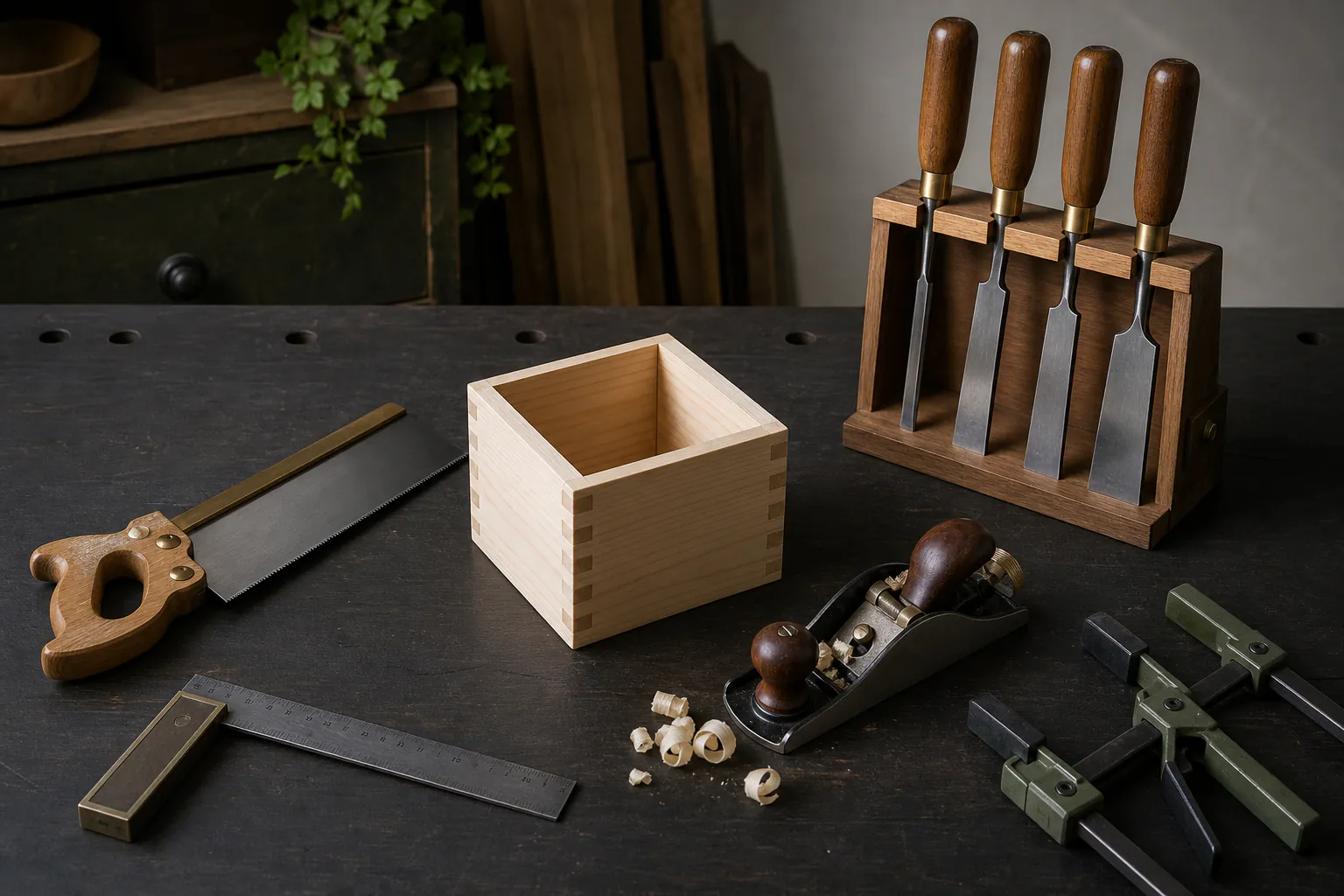 Small unfinished wooden box on a sturdy bench beside a tenon saw, block plane, chisels, square and clamps with no hands or text