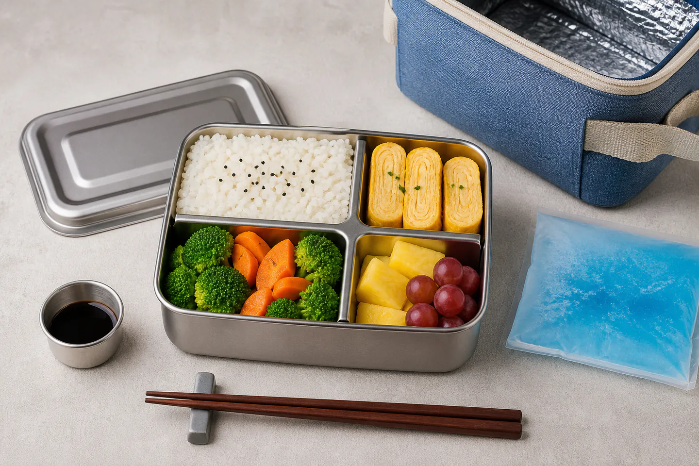 Open four-compartment bento box filled with rice, vegetables, omelette and fruit beside chopsticks and small sauce cup