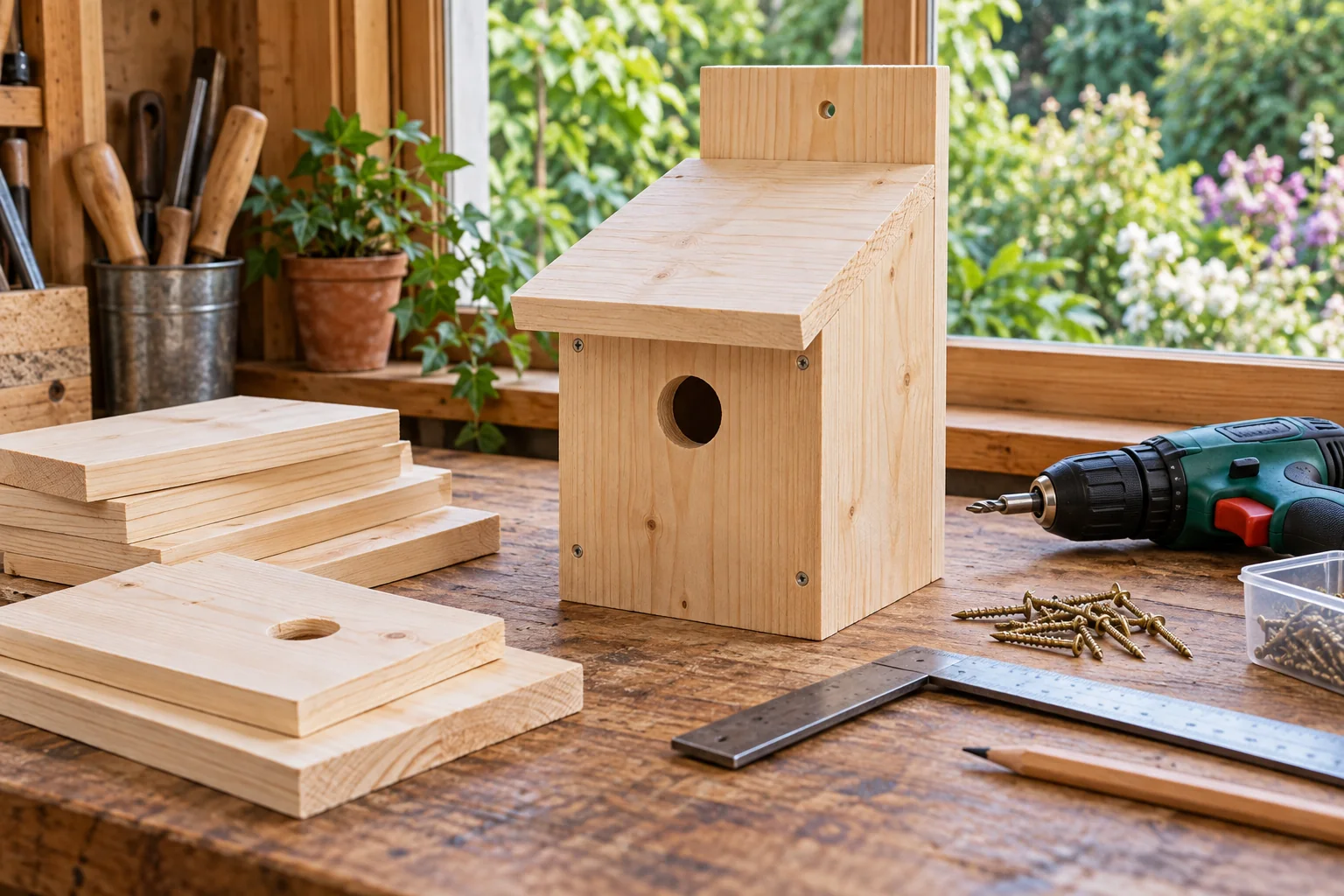 Unpainted wooden nest box and pre-cut pieces on a tidy home workbench with drill and square nearby