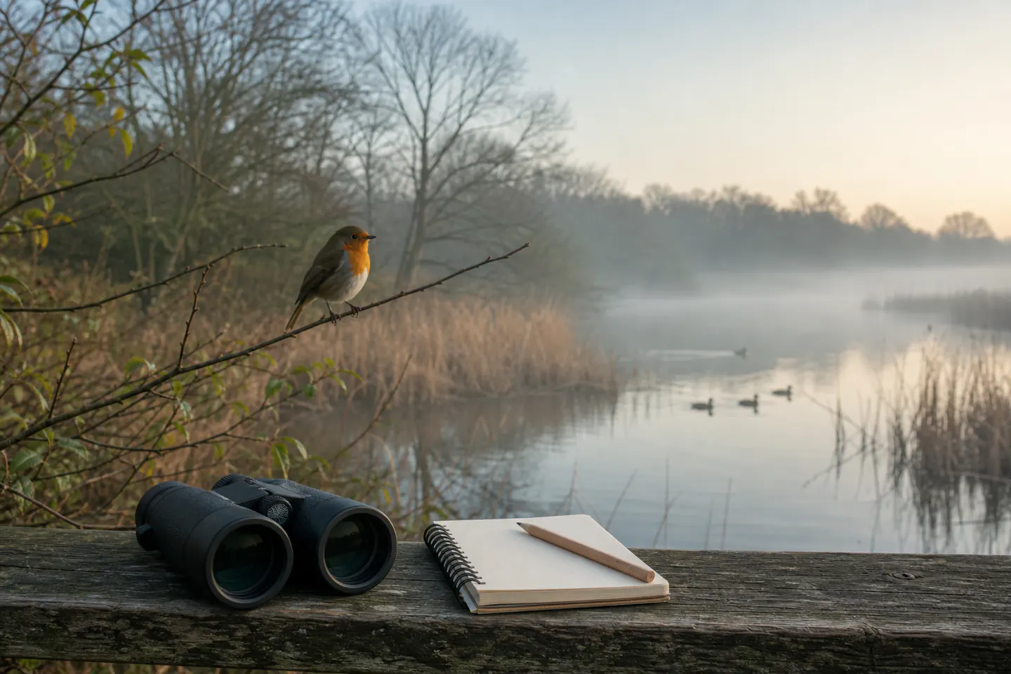 Unbranded binoculars and a blank field notebook overlooking a misty British pond with a robin nearby