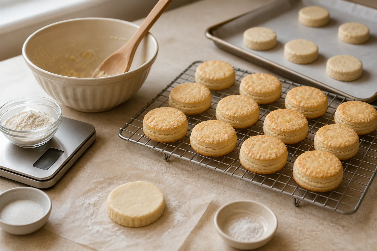 Plain golden biscuits on a cooling rack beside a parchment-lined tray, mixing bowl, scale and a small rolled portion of dough