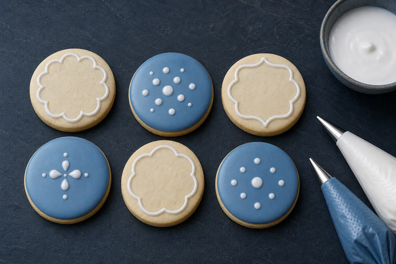 Hands piping simple blue and white royal icing onto six round biscuits with bags, nozzles and cooling rack nearby