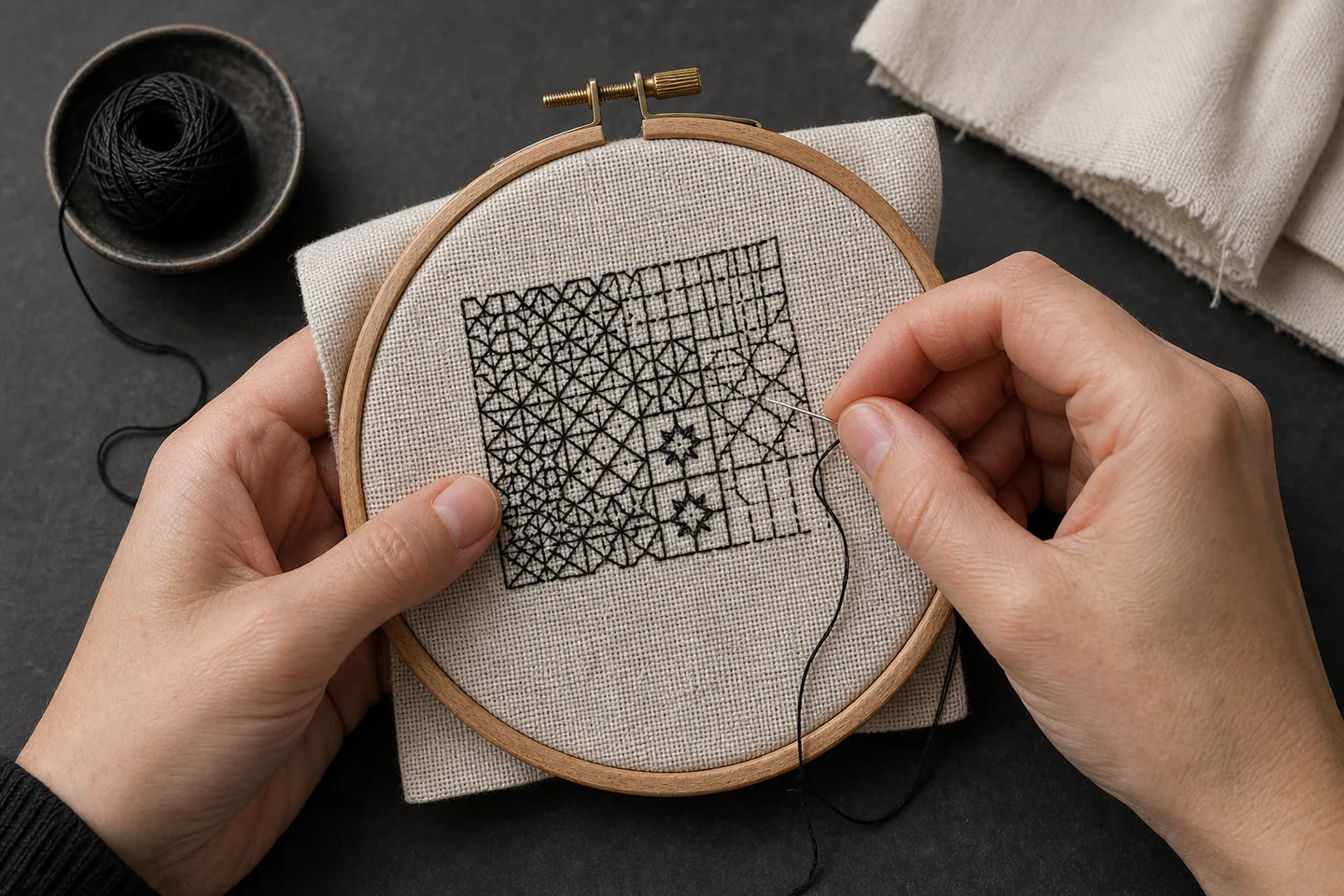 Hands sewing a crisp geometric blackwork motif in black thread on pale evenweave fabric held in a wooden hoop