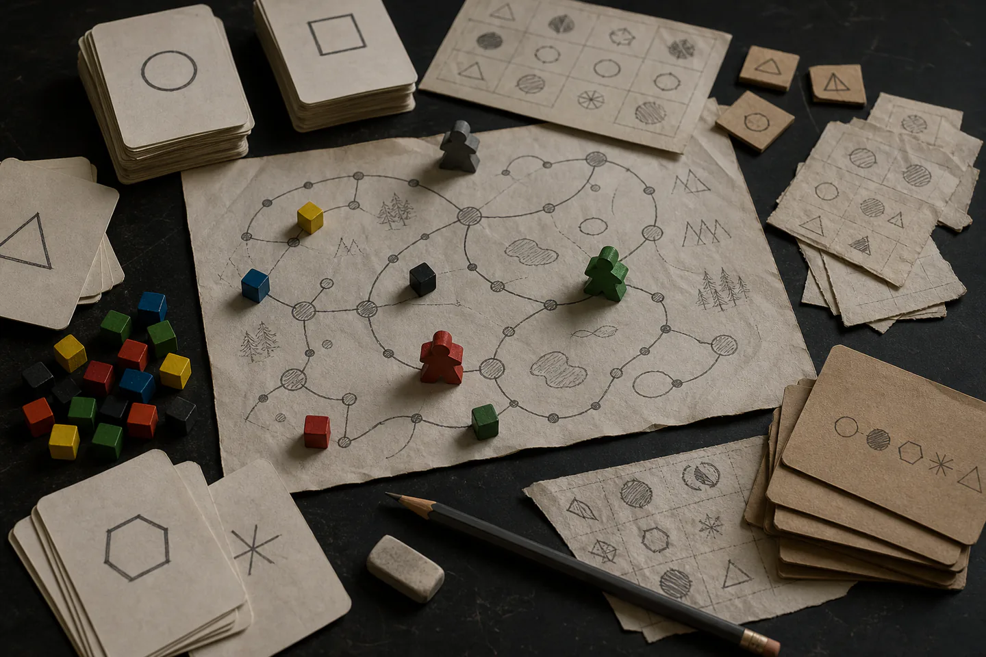 Handmade board game prototype with blank cards, wooden cubes, paper track and pencil notes on a dark tabletop with no branded games, people, logos or readable text