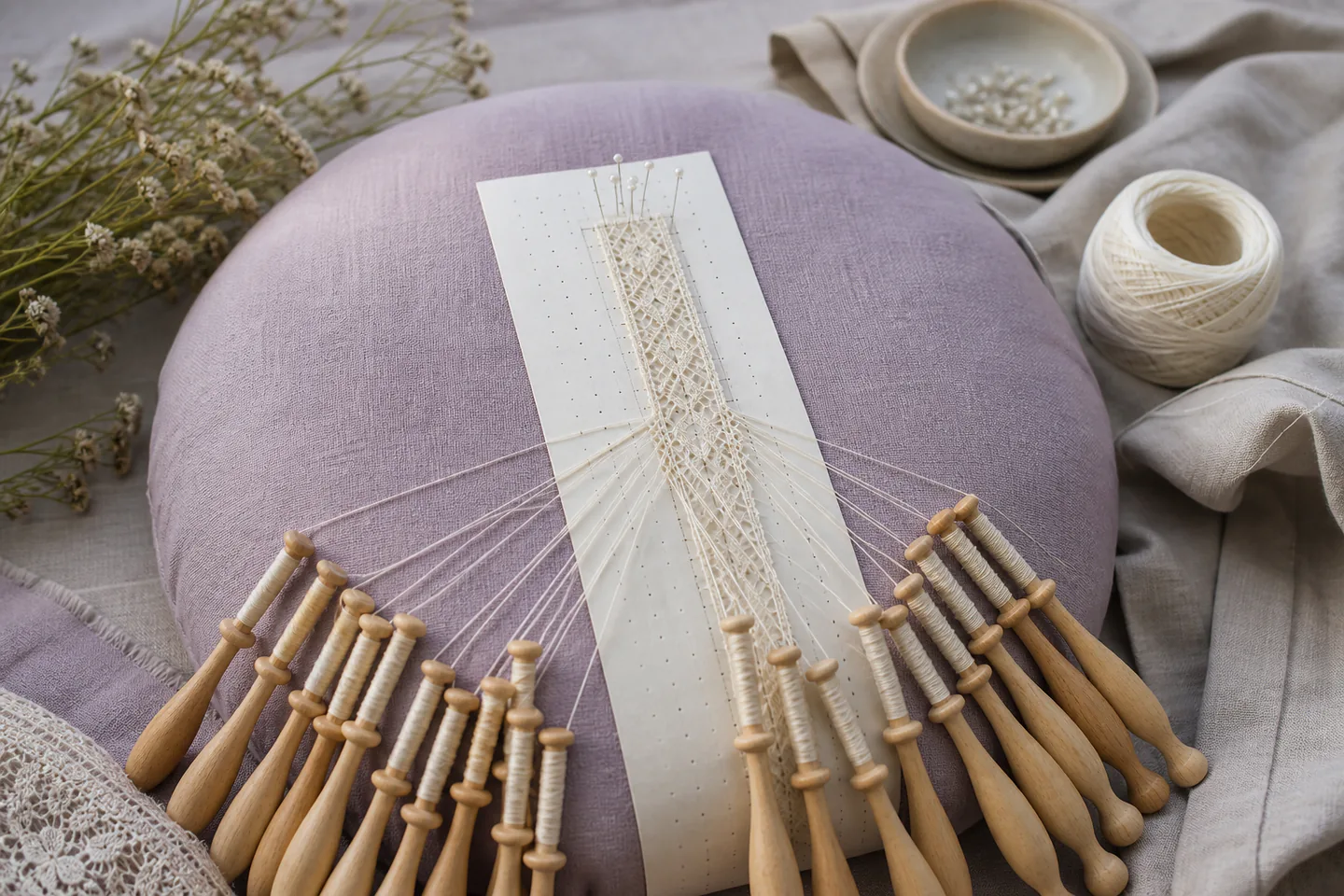 Round lace pillow with simple Torchon bookmark in progress, wooden bobbins, pins, thread and printed pricking pattern