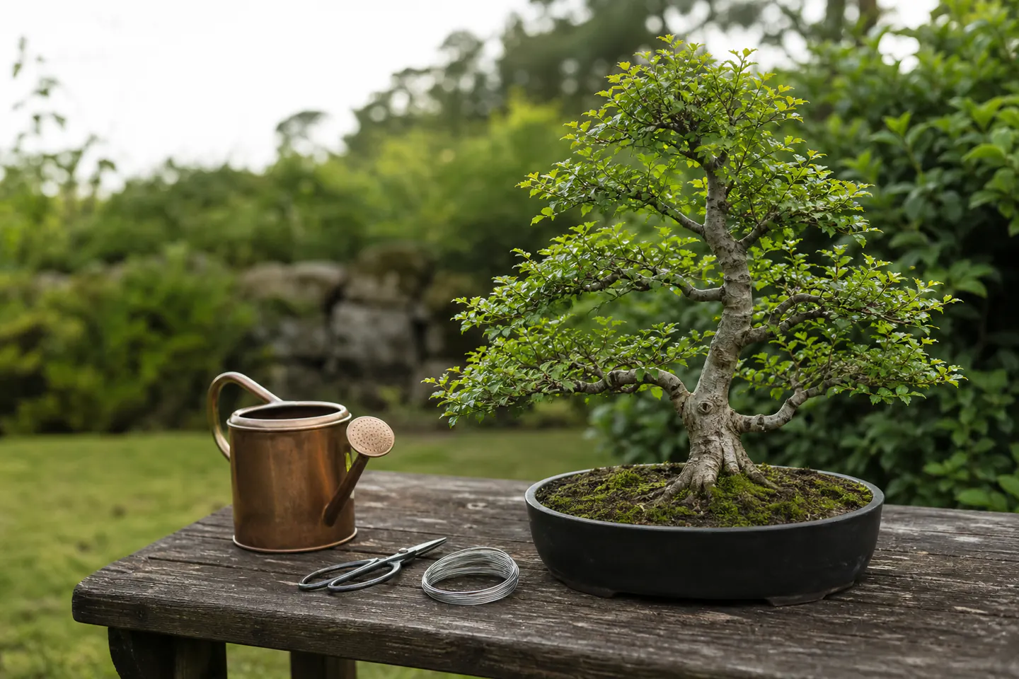 A healthy small bonsai tree outdoors beside a fine-rose watering can, scissors and aluminium wire