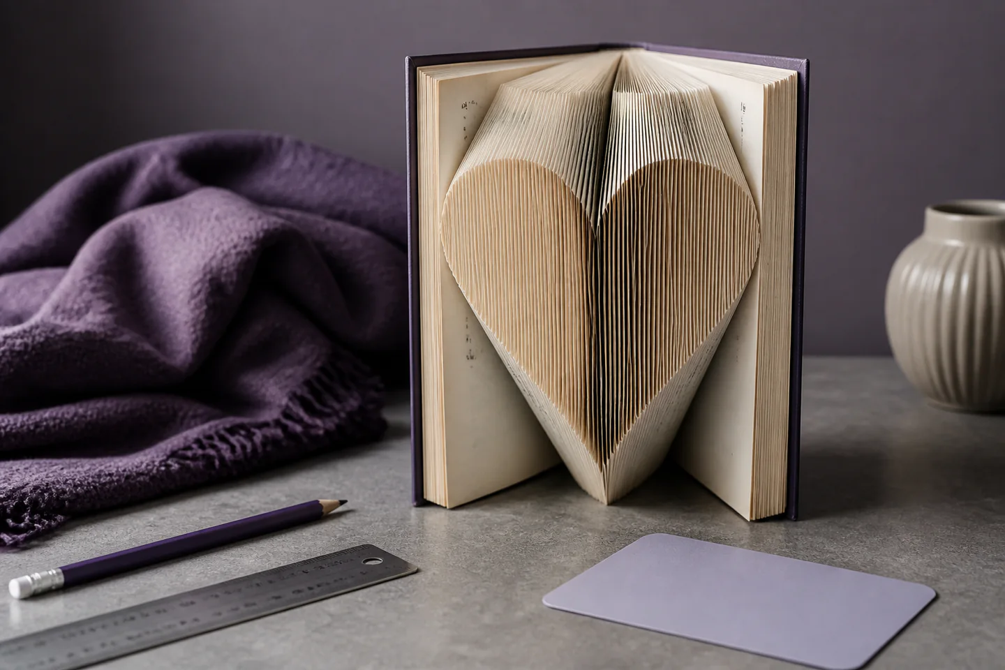 An open second-hand hardback with carefully folded page corners forming a simple heart silhouette, ruler and pencil nearby