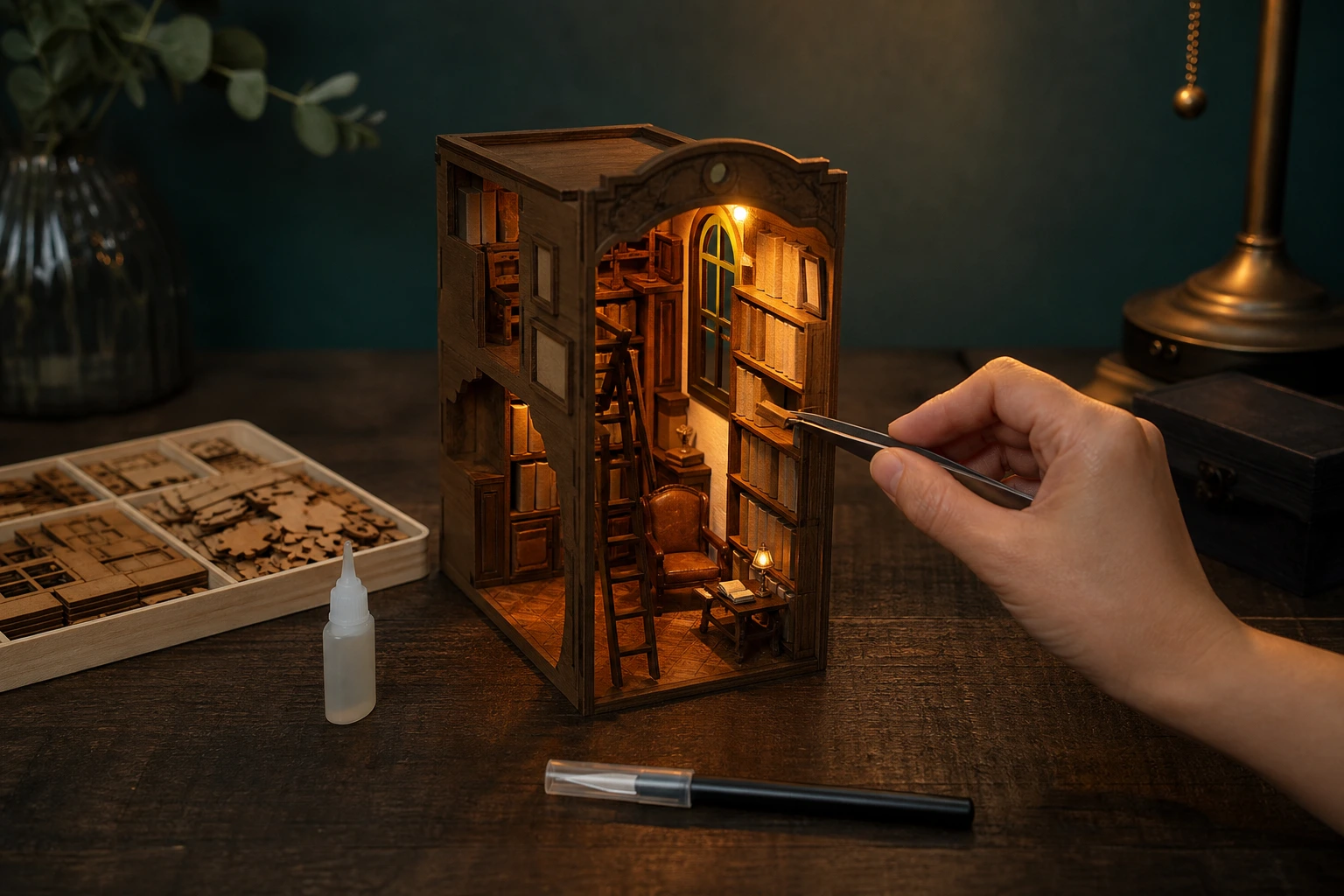 Hands fitting a tiny wooden shelf into a warmly lit miniature book nook on a craft table